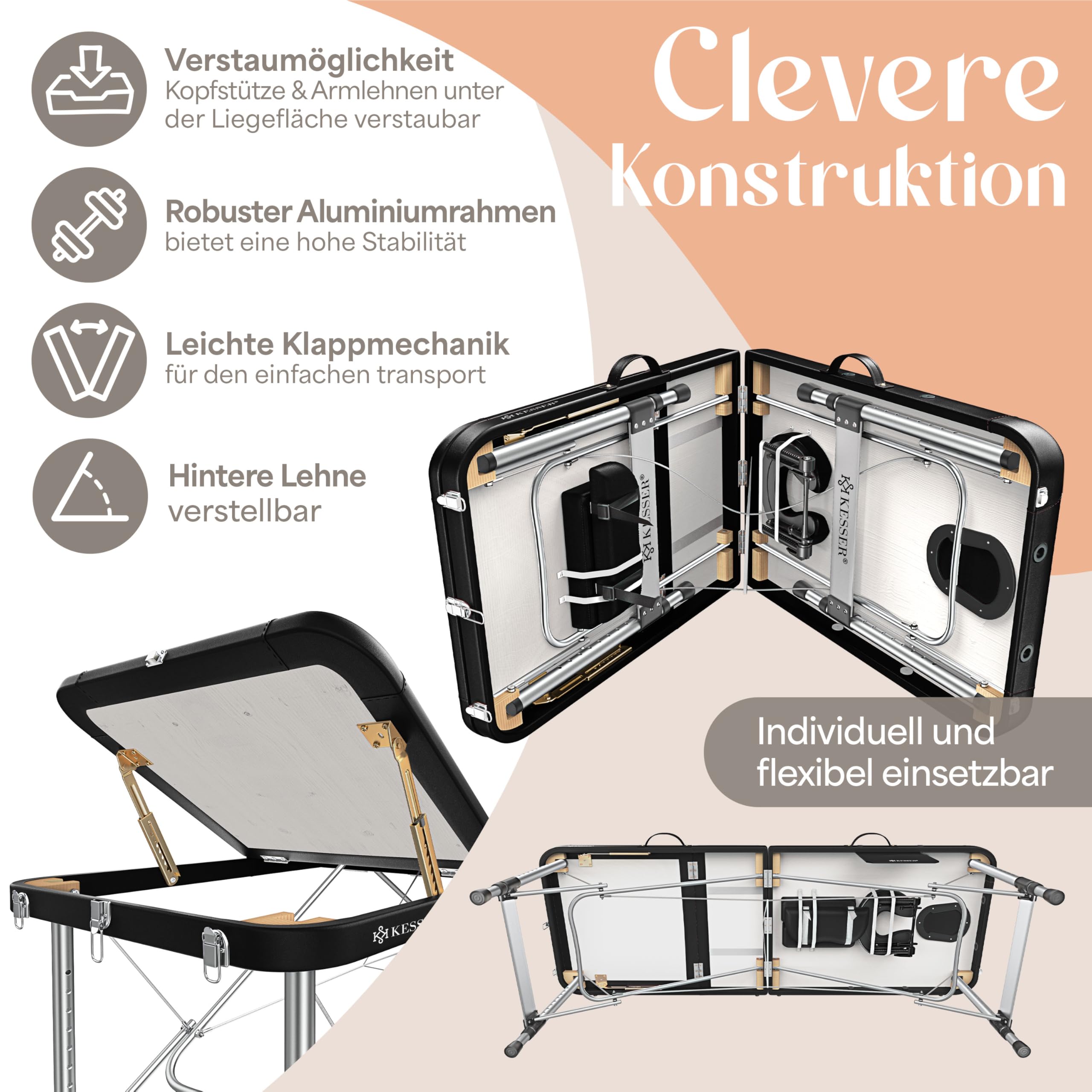 KESSER® Camilla de Masaje Móvil Plegable y Ajustable en Altura Cama de Masaje de 3 Zonas Estética Amplia de Terapia + 10x Reposacabezas
