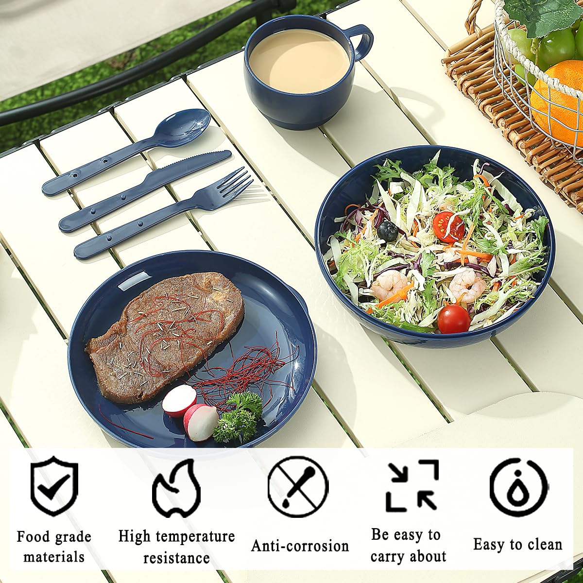 Evanda Kit Vajilla Camping, Plato, Taza, Cuchara, Tenedor, Cuchillo y Bolsa de Transporte, Reutilizable Accesorios para Acampar Equipo Esencial Ligero y fácil de Transportar o Poner en la Mochila