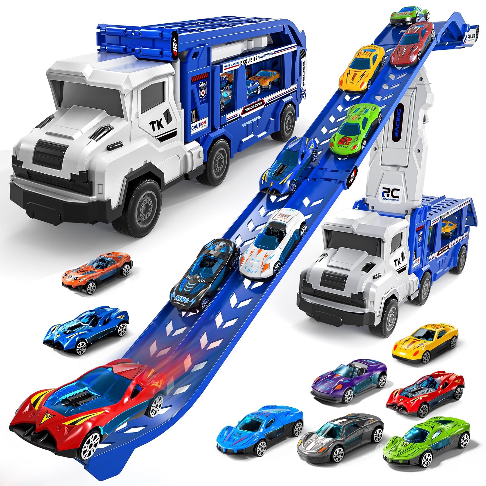 Transport Truck Toys for 3 4 5 6 7 Years Old Boys,Toys Cars Track Set Transporter Trucks with 12 Die-Cast Car Toys 2 Race catapults Dual-Track Model,Toddler Car Toy Set for Kids Boys Girls