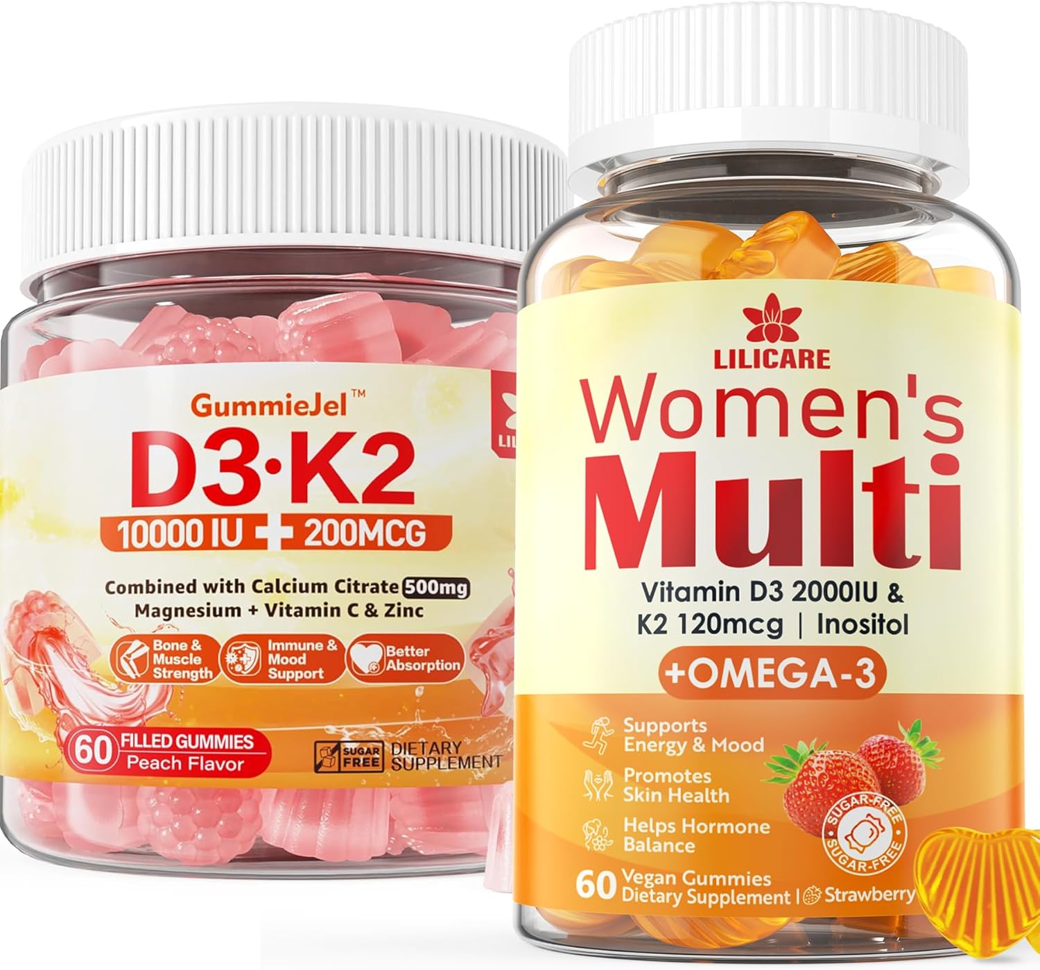 LILICARE Sugar-Free Vitamin D3 K2 Filled Gummies + Multivitamin for Women Gummies