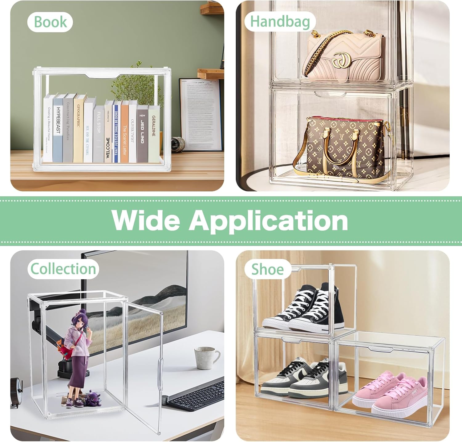 2 PACK Clear Book Storage Organizer Stackable Acrylic Book Display Box with Magnetic Door for Bookshelf Easy Assemble Bookcase Containers Display case for Comics Toys Handbags Shoes Purses