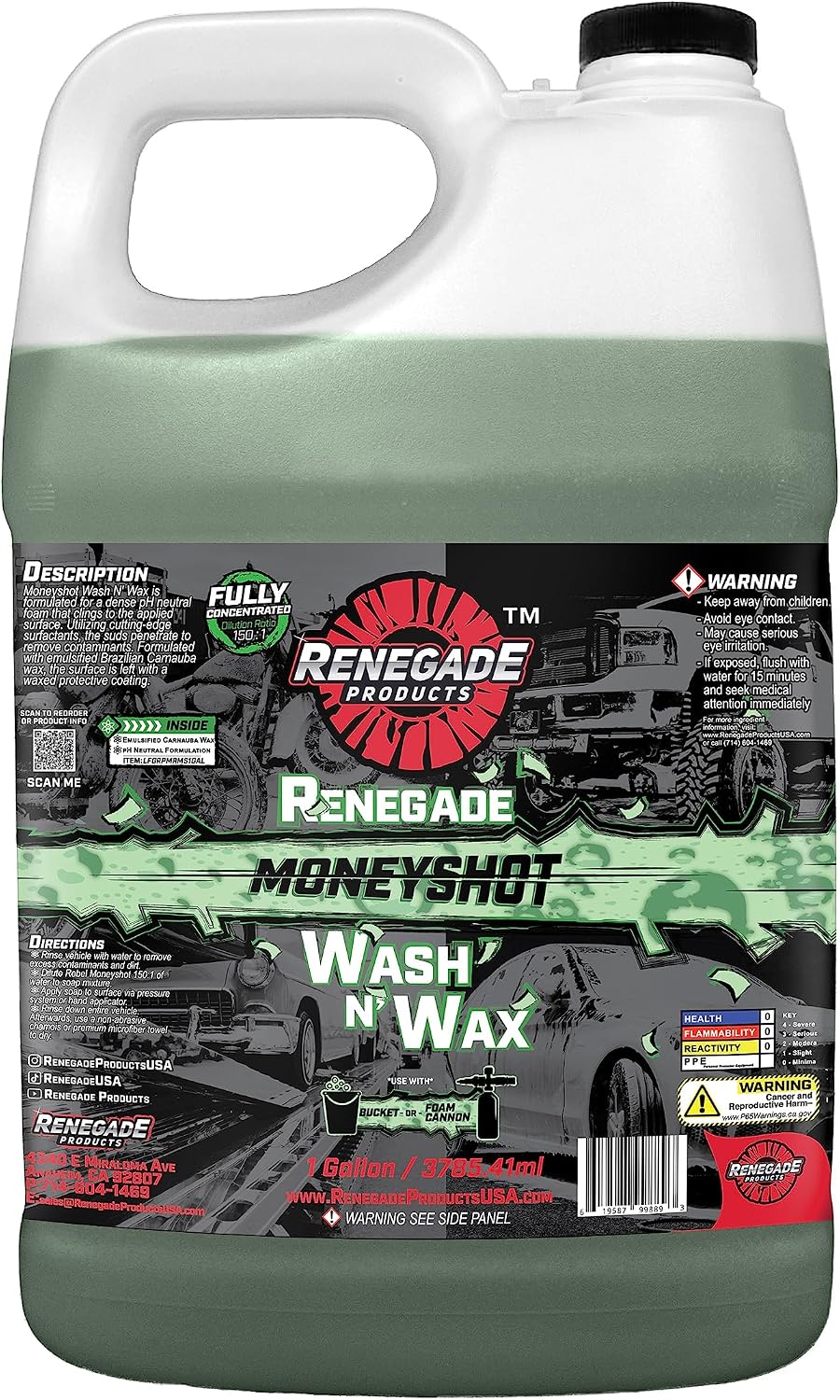 Renegade Products - Moneyshot Wash N' Wax Soap, pH-Neutral Soap with Carnauba Wax Blend, Thick Foam & Protective Coating (1 Gallon)
