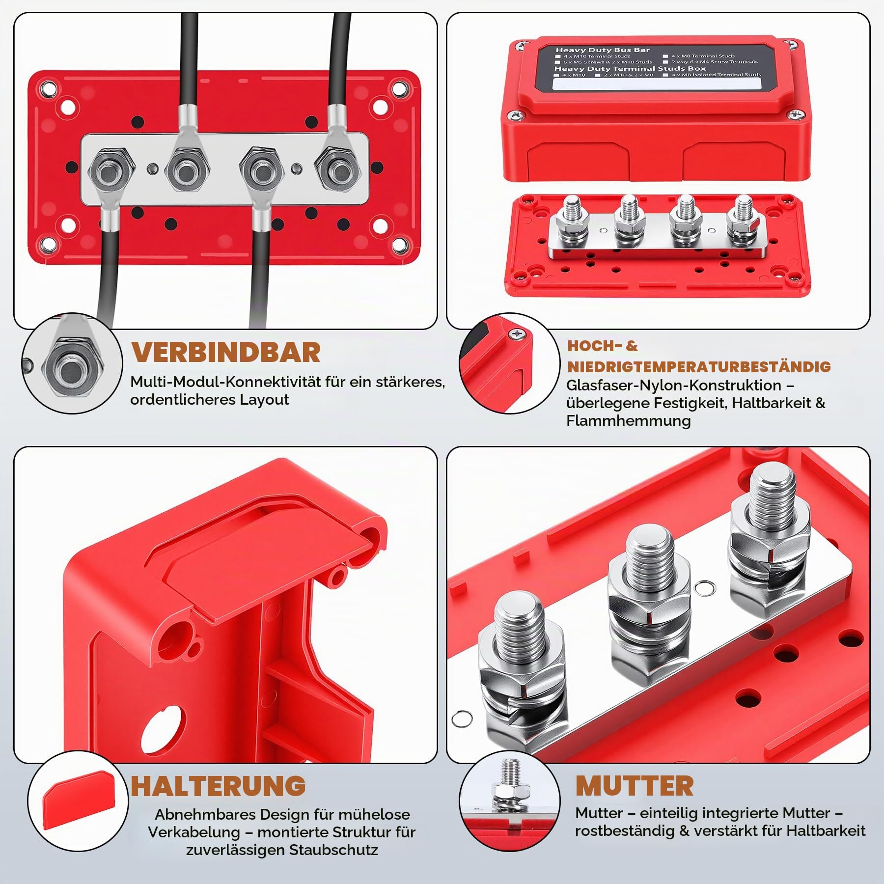 300A Sammelschiene 48V, 4x M8 Busbars Verteiler Klemmleisten, Heavy Duty Busbar Batterie Sammelschienen, Ideal für Lkw Kfz Wohnmobil Solar Boot Marine, Rot