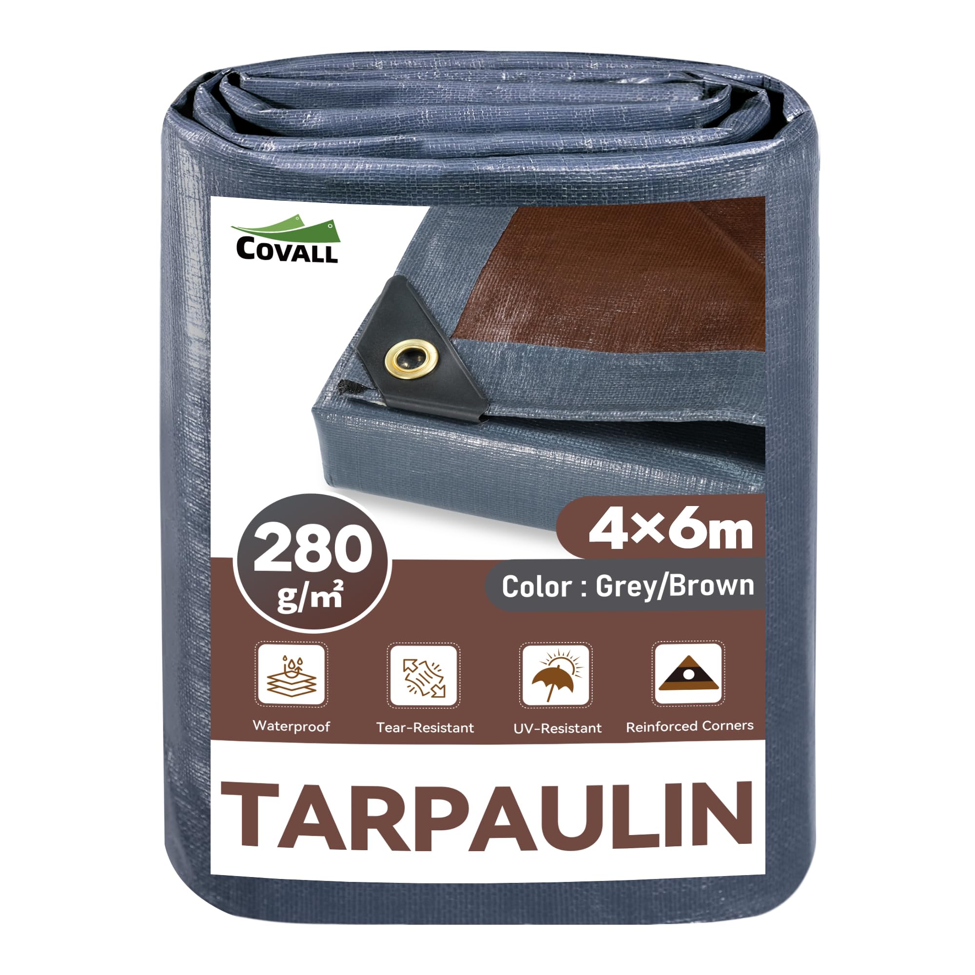 COVALL Tarpaulin Waterproof Extra Heavy Duty 280g/m²-4x6m Grey/Brown Tarp-100% Waterproof UV&Tear Resistant Ground Sheet,Reinforced Corners&Anti-Rust Grommets For Camping, Patio,Garden,trailer