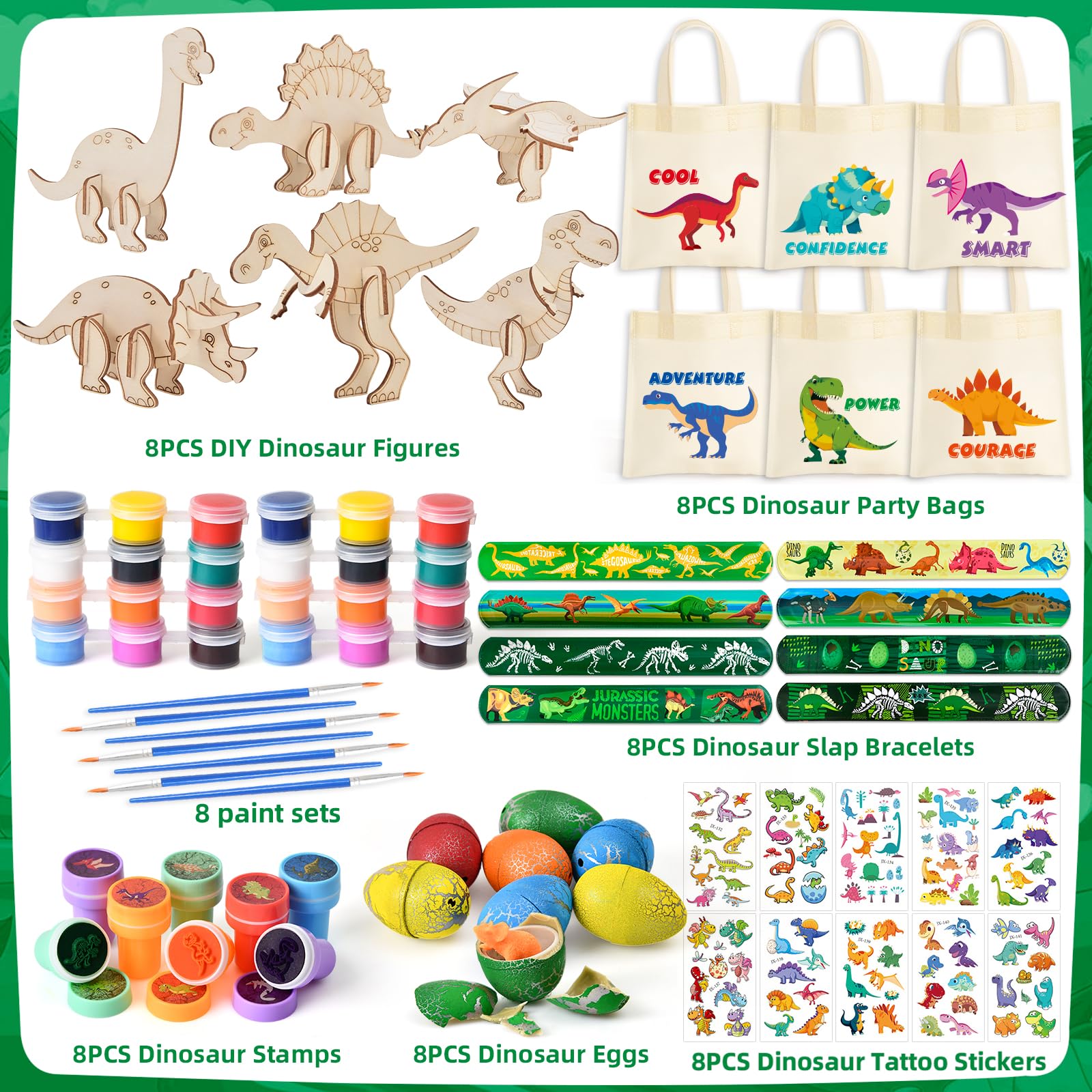 Dinosauri Gadget Compleanno Bambini con Kit di Artigianato in Legno, Borse di Tela, Uova Dino, Braccialetti Schioccanti, Timbri e Tatuaggi Temporanei, Regalini Fine Festa e Riempimento per Pignatta
