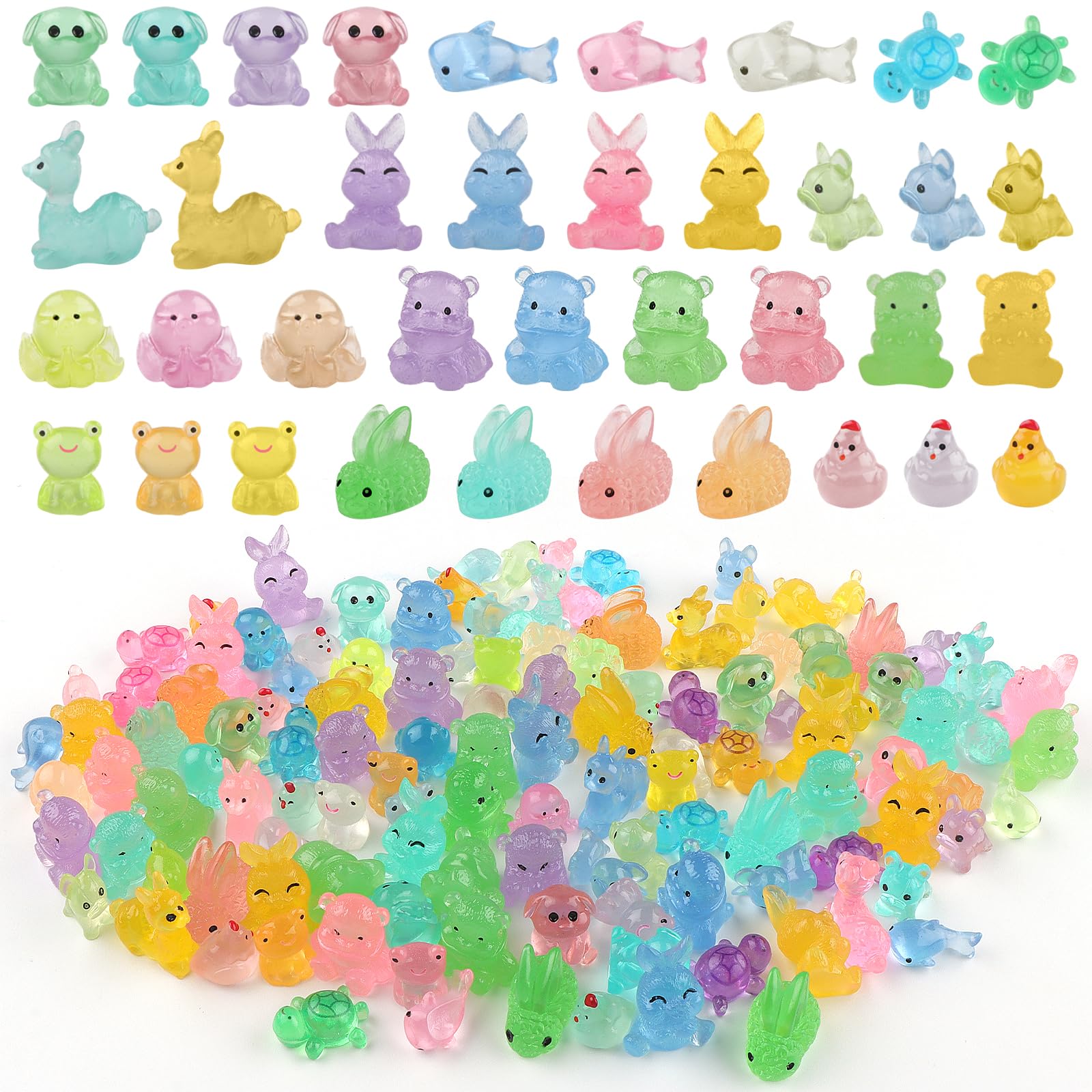 DXLing 120 Pcs Mini Glow Resin Animals Luminous Miniature Resin Animals Mixed 12 Styles Mini Animal Figures Glow in the Dark Tiny Toy ResinAnimal Figures with Stickers for Garden Dollhouse Decoration