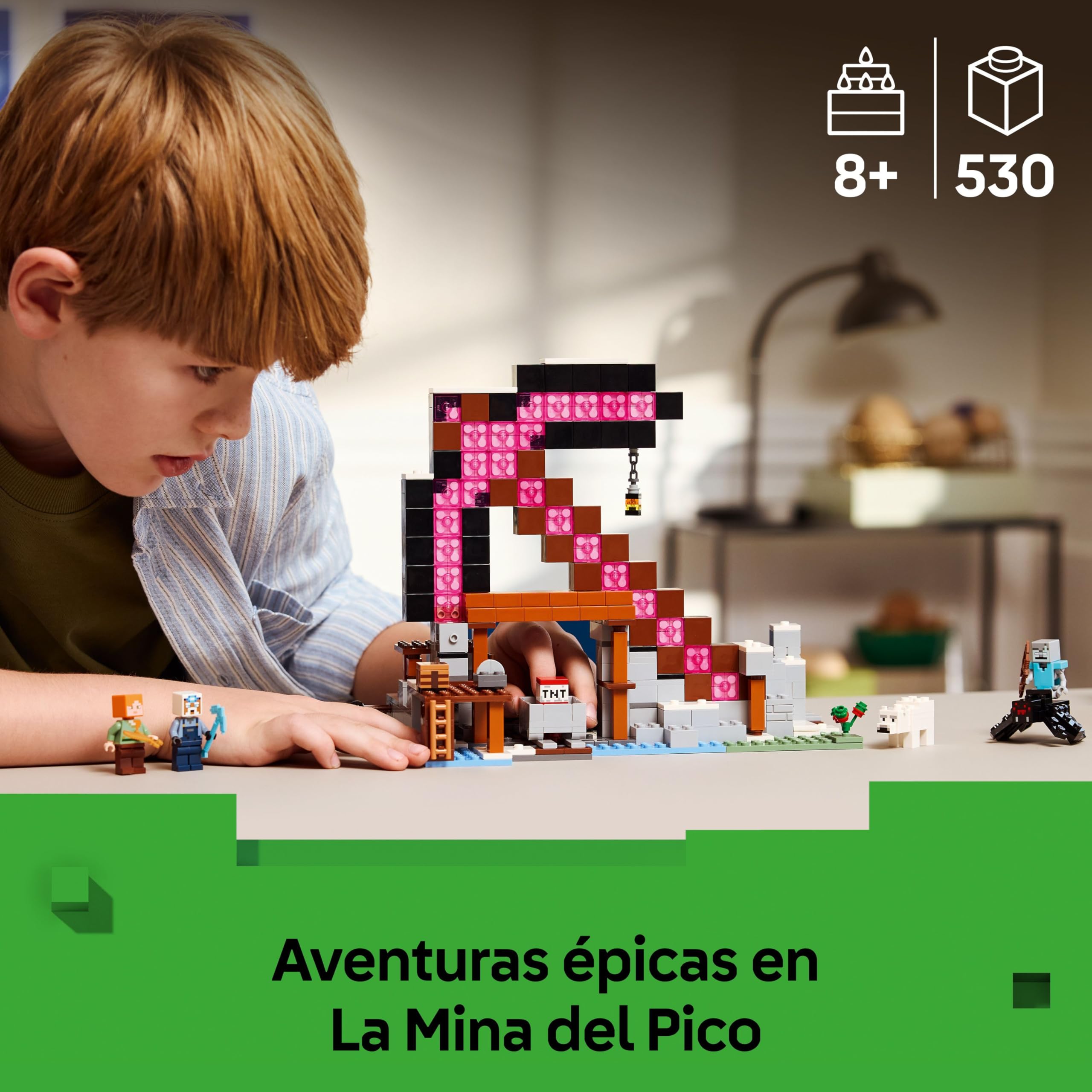 LEGO Minecraft La Mina del Pico - Juguete Interactivo - Figuras de Alex, Minero y Jinete Arácnido Errante - Regalo Gamer Coleccionable para Niños y Niñas de 8+ Años 21277
