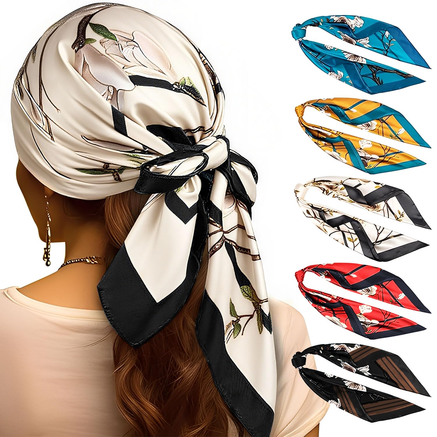 Voarge Lot De 5 Foulards Carrés Satin 90cmx90cm - Écharpes Cheveux Femme, Wraps Pour Sommeil Et Mode