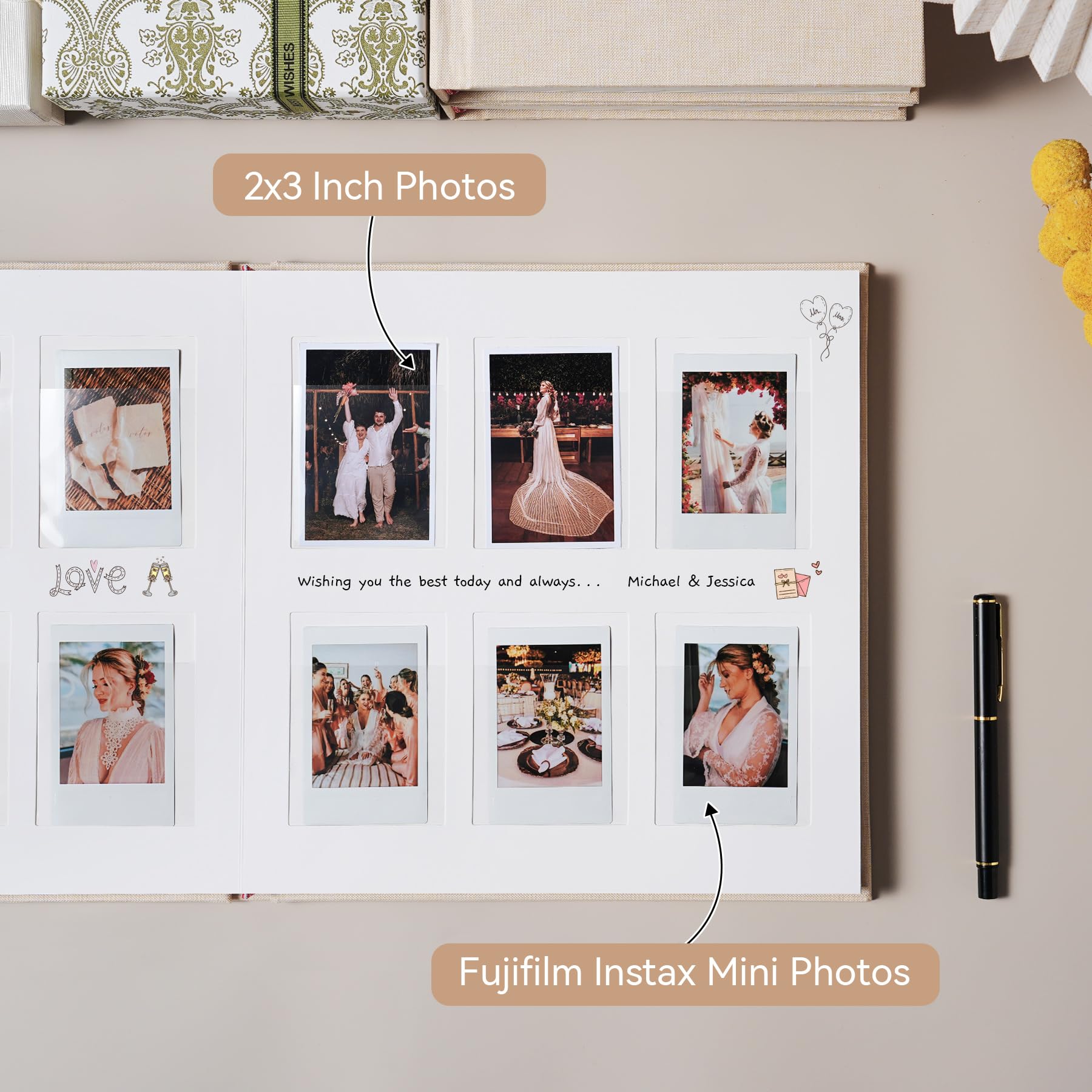 168 Taschen Instax Mini Fotoalbum für 2x3 Bilder, Leinen Hardcover Polaroid Fotoalbum mit Platz zum Schreiben, Polaroid Album Buch für Fujifilm Instax Mini Sofortbildkamera (Beige)