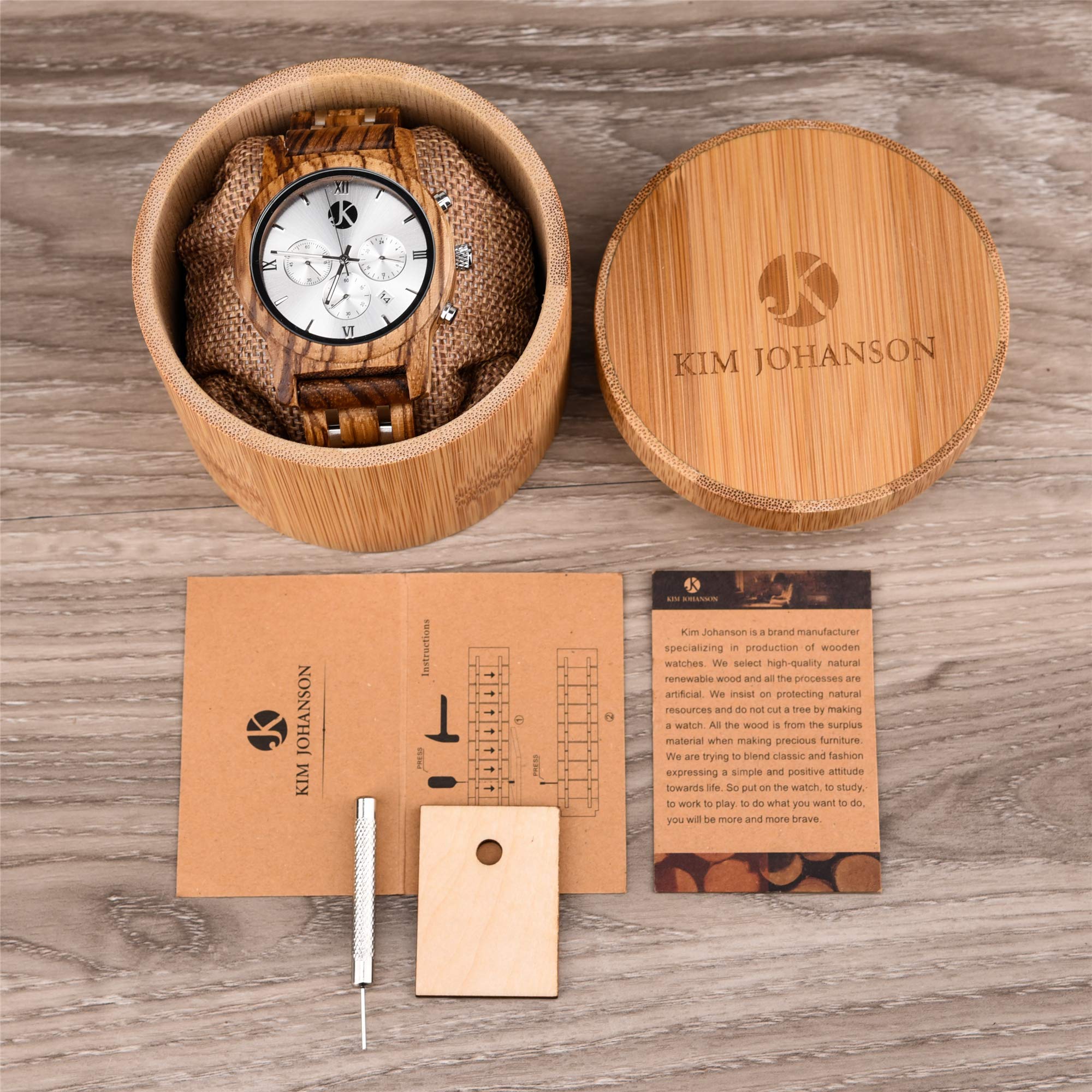 Kim Johanson Herren Holz-Edelstahl Armbanduhr *Air Force* in Hellbraun Chronograph mit Einem Gliederarmband Handgefertigt Quarz Analog Uhr inkl. Geschenkbox