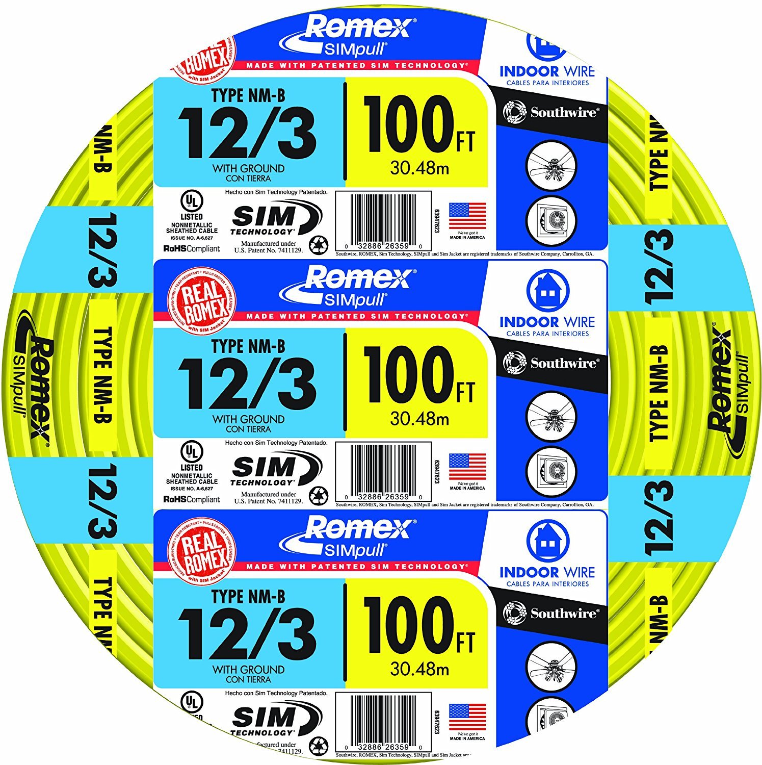 Southwire 63947628 100' 12/3 with ground Romex brand SIMpull residential indoor electrical wire type NM-B; Yellow