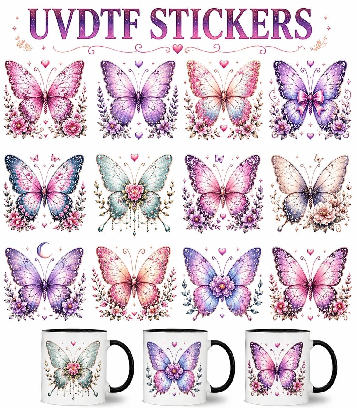 UV DTF Butterfly Stickers with Flowers, Waterproof Transfer Decals for Mugs, Water Bottles, Laptops, 2.5x2.5 Inch, Pack of 12