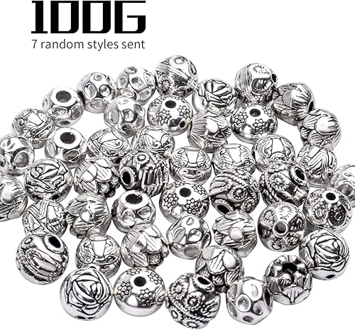 Miniatura 2 de Cuentas espaciadoras de plata antigua, 3.53 oz (alrededor de 40-60 unidades), cuentas sueltas tibetanas pequeñas redondas para hacer pulseras,