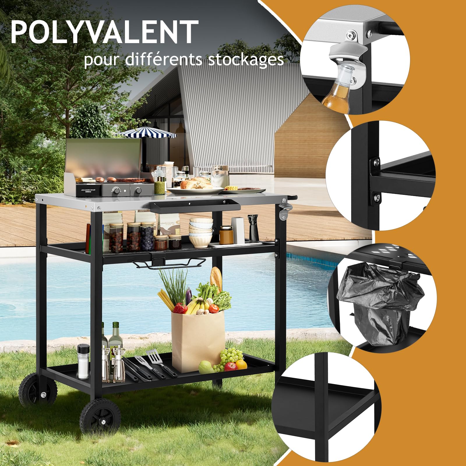 LEADZM Dessertes de Jardin, Chariot de Barbecue Mobile à 3 Niveaux, 97 x 51 x 83 cm, Établi en Acier Inoxydable argenté - desserte Exterieur, Panier avec Filet, Noir