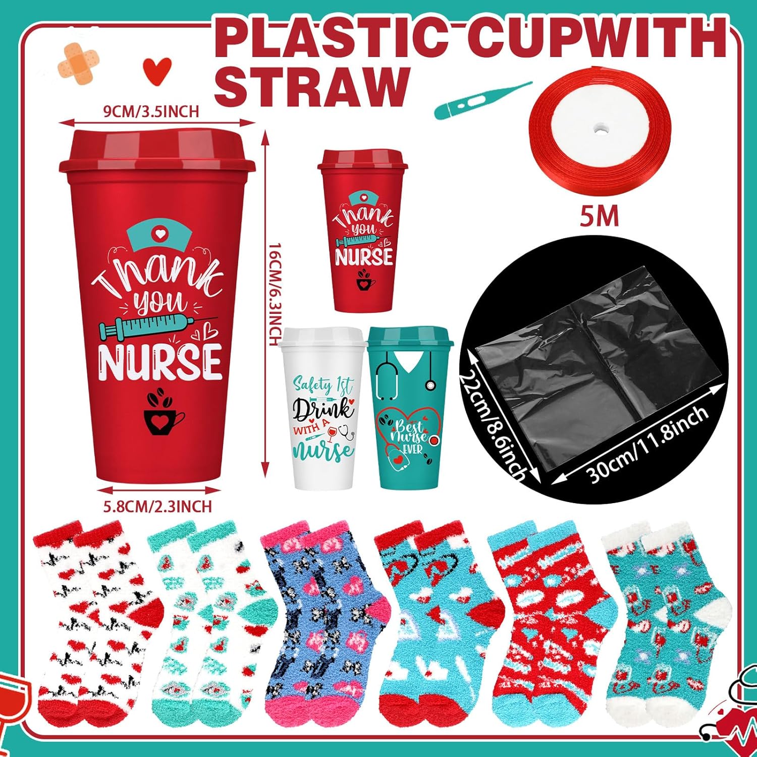 Remerry 40 Pcs Nurses Week Gifts for Coworkers Funny Nursing Coffee Cup Fuzzy Socks Set for Pack Respiratory Care Week Appreciation Gift 16 oz Nurse Reusable Coffee Cup DIY Socks Gift