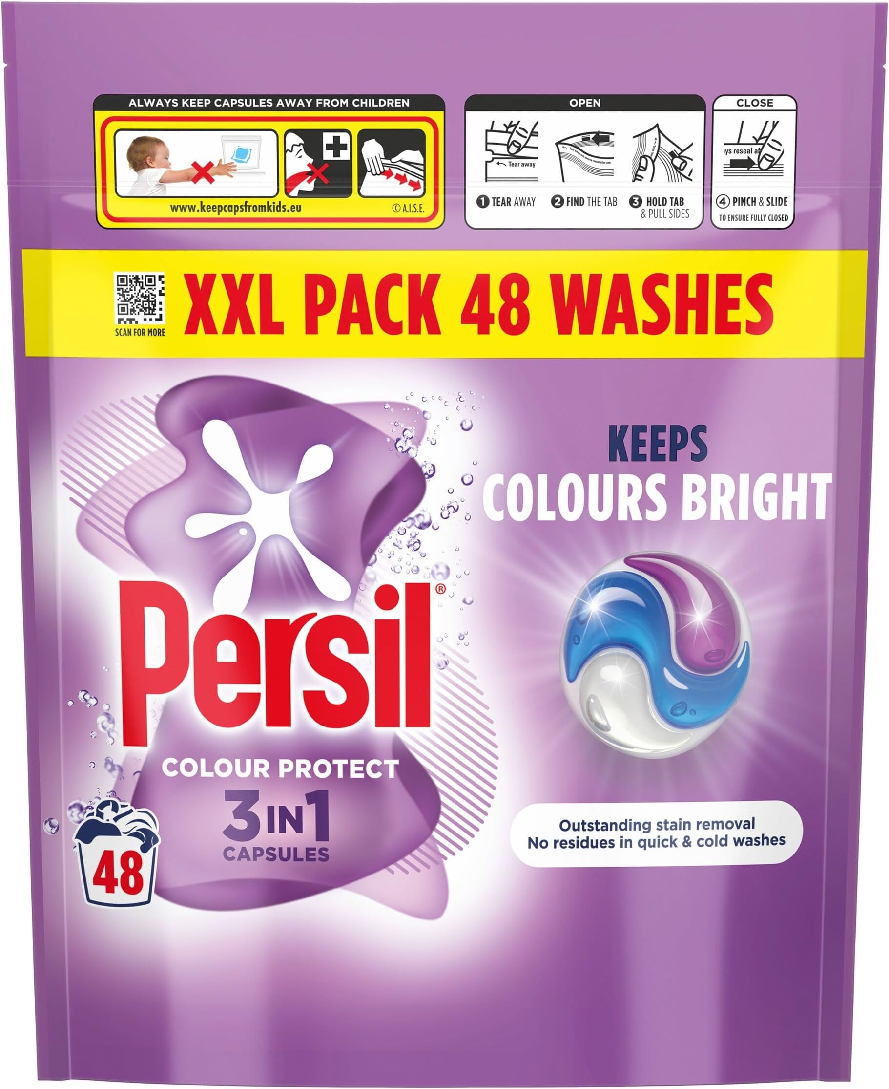 Colour Protect 3 in 1 Washing Capsules keeps colours bright outstanding stain removal in quick & cold washes 48 washes