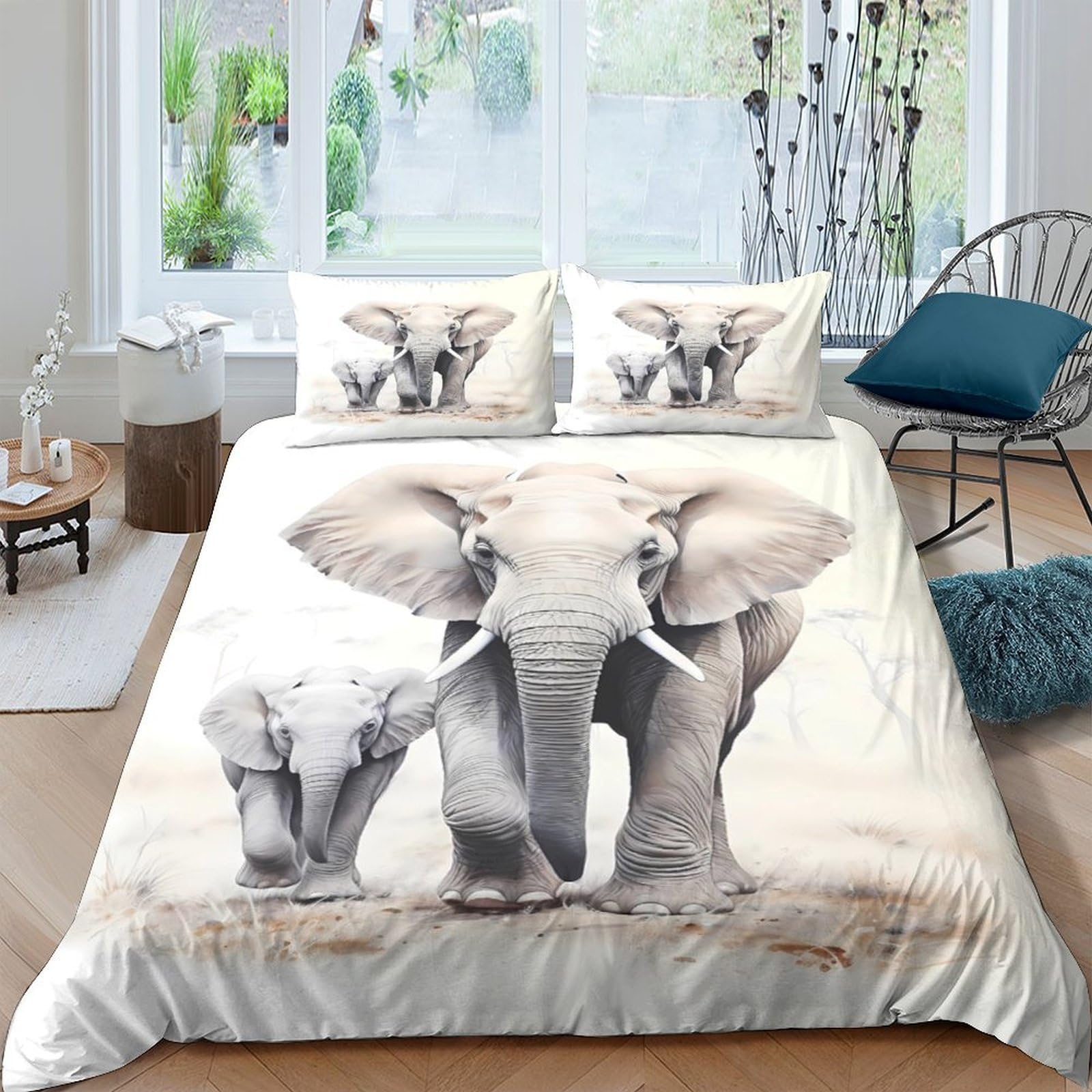 GPLZQXKJNH 3D Printed Elephant Family Duvet Cover Set Microfiber Soft Breathable Safari Animal Bedding with 2 Pillowcases for Bedroom Decor Single（135x200cm）
