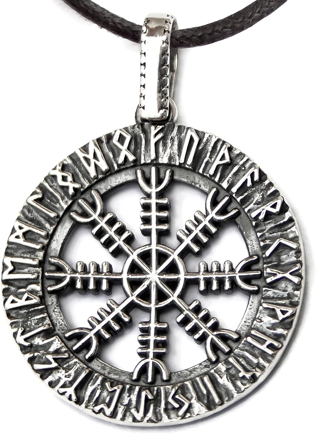 925 Sterling Silver Viking Shield Helm of Awe Necklace - Aegishjalmur Pendant in Runic Circle - Ancient Norse Mythology Protection Amulet - Pagan Nordic Jewelry Gift for Men Women - Handmade
