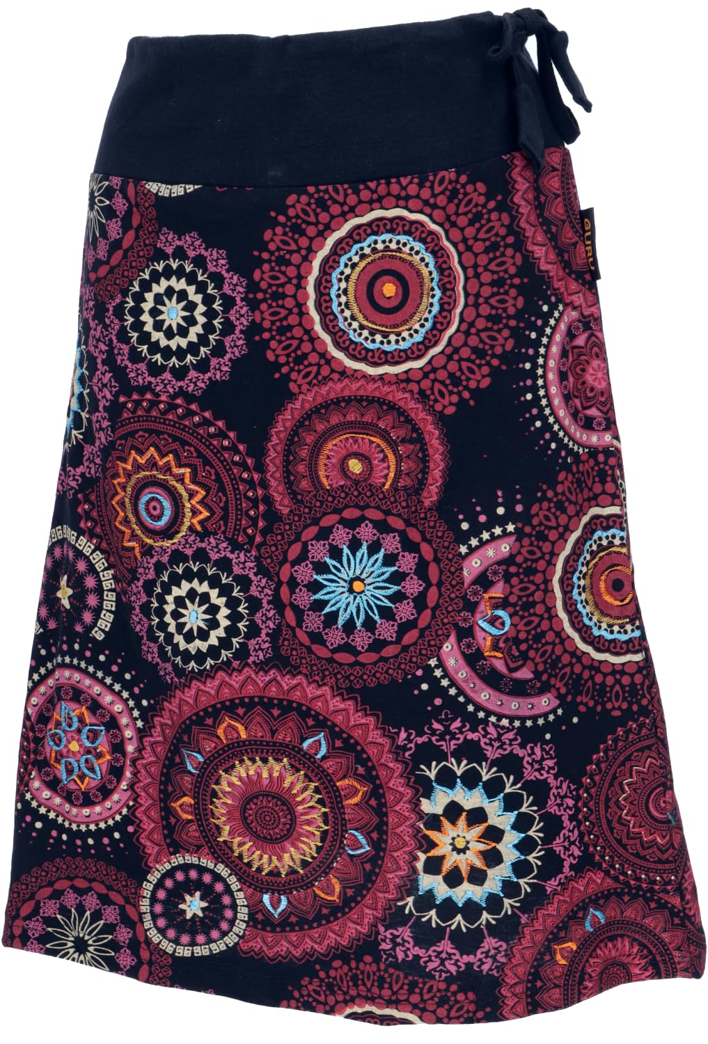 GURU SHOP Bestickter Knielanger Rock, Chic, Retro Mandala - Schwarz, Damen, Baumwolle
