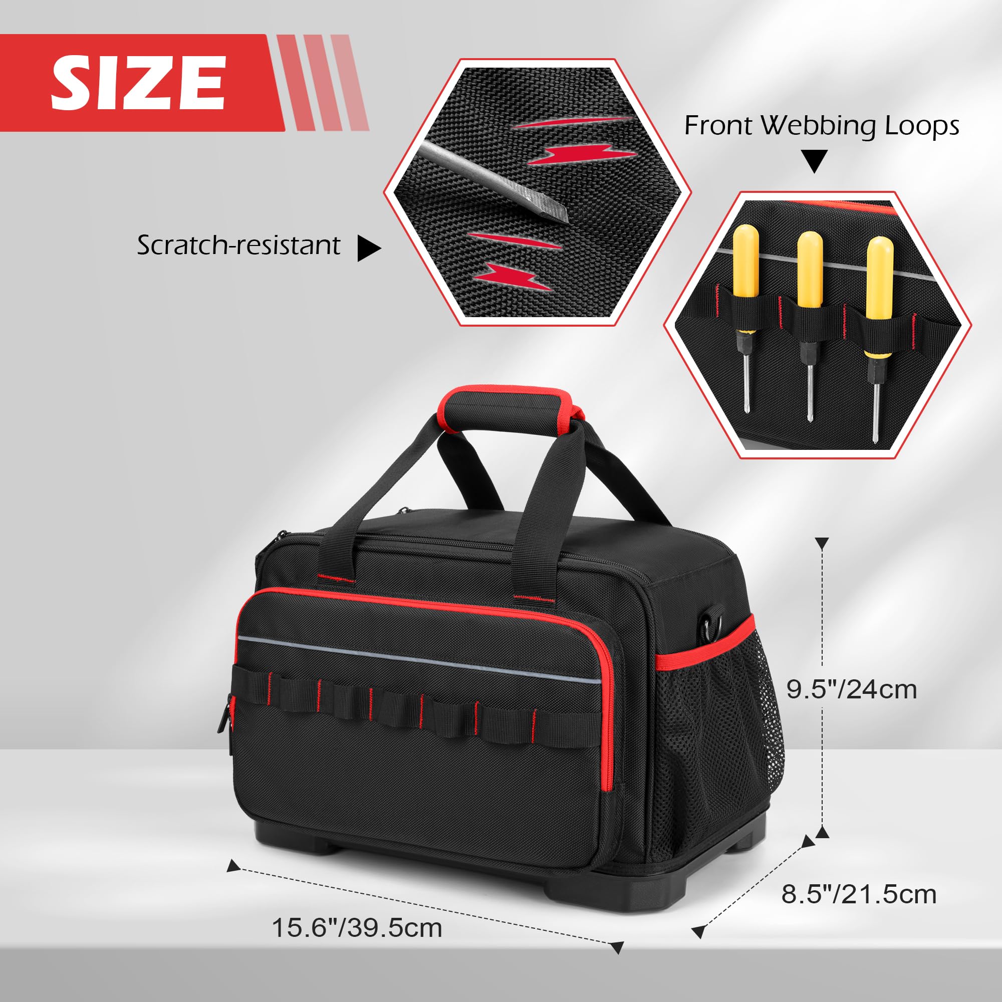 Rexmica 40cm Sac Outils pour Hommes, avec Fond Rigide en EVA et Bandoulière | Sac à Outils Multifonction pour Électriciens, Plombiers, Mécaniciens et Usage Automobile, Noir/Rouge
