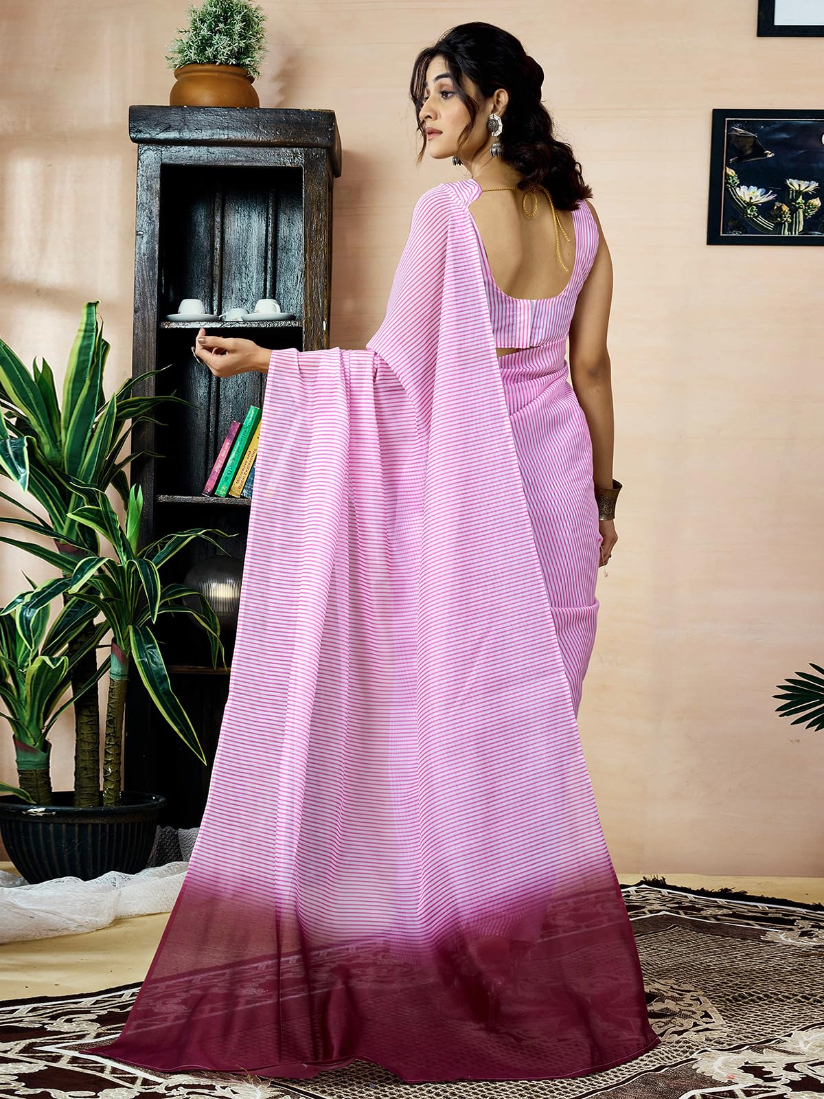 Satrani Women's Chanderi Cotton Printed Ready To Wear With Pocket Saree With Unstitched Blouse Piece (46Rs422_Pink1)