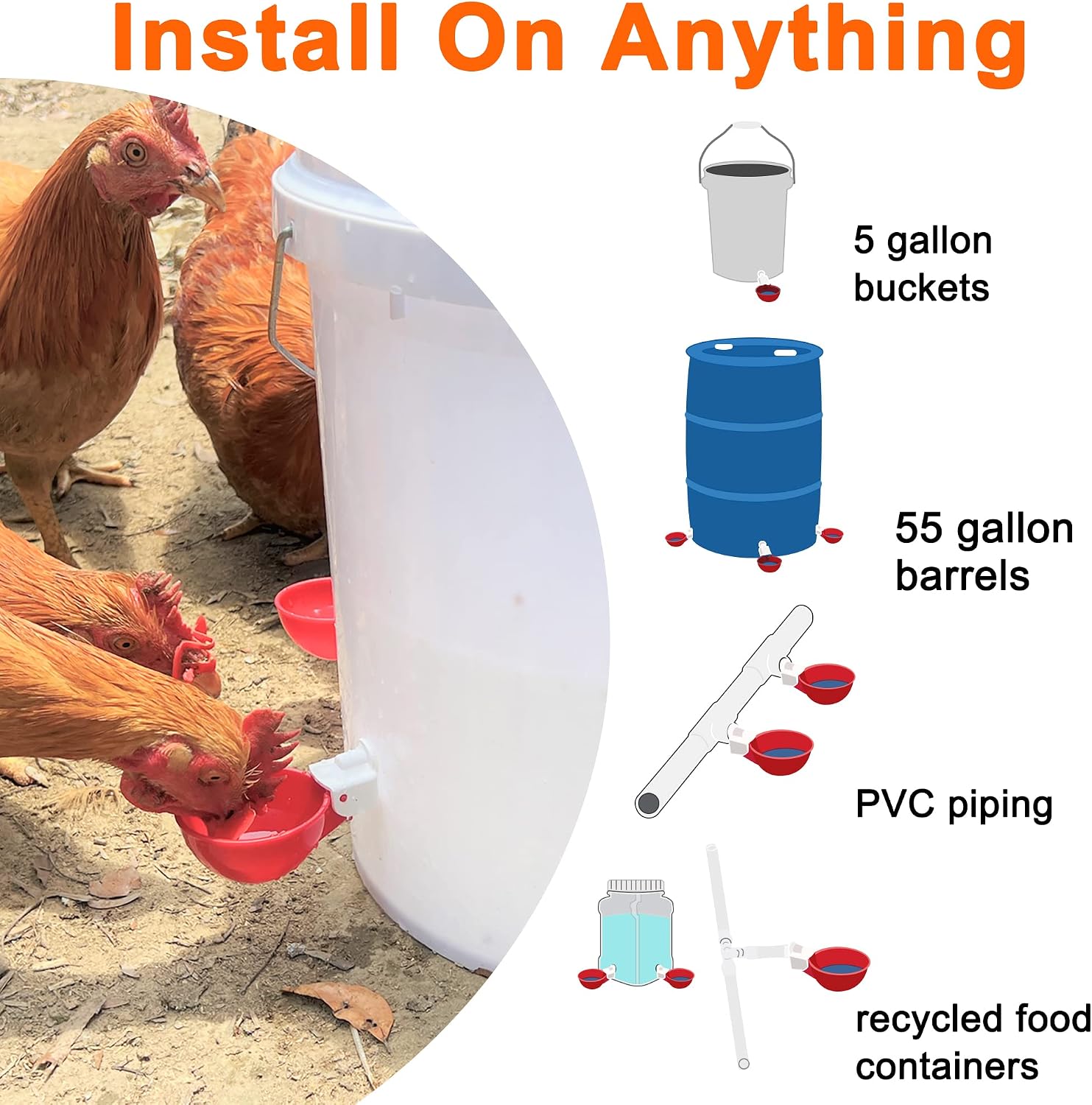 DIY Chicken Waterer Cups, 10 Pack Automatic Chicken Water Feeder Kit with 1/8'' MPT Hole Saw for Buckets Boxes Troughs, Poultry Waterer for Chicks Duck Goose Turkey or Bunny