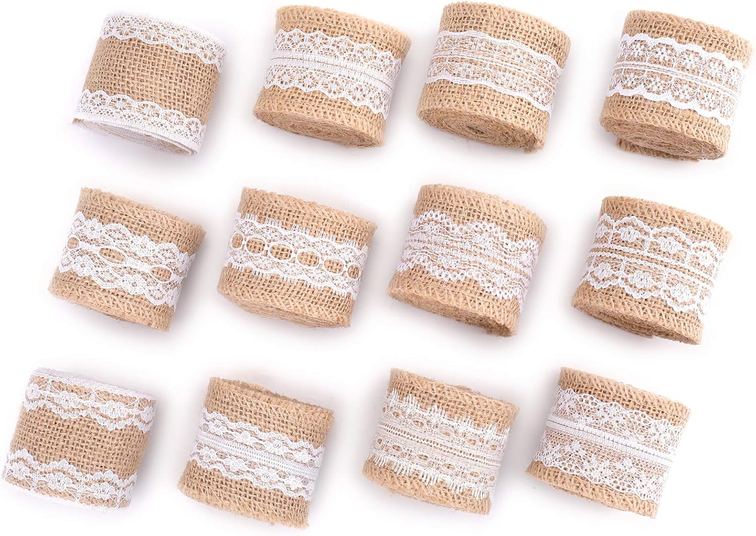 Foraineam 24 Yards Burlap Ribbon, 12 Rolls Natural Burlap Lace Ribbons with White Lace Trims in 12 Assorted Styles for DIY Home Wedding Favor Decoration and Gift Packaging (Pack of 2)