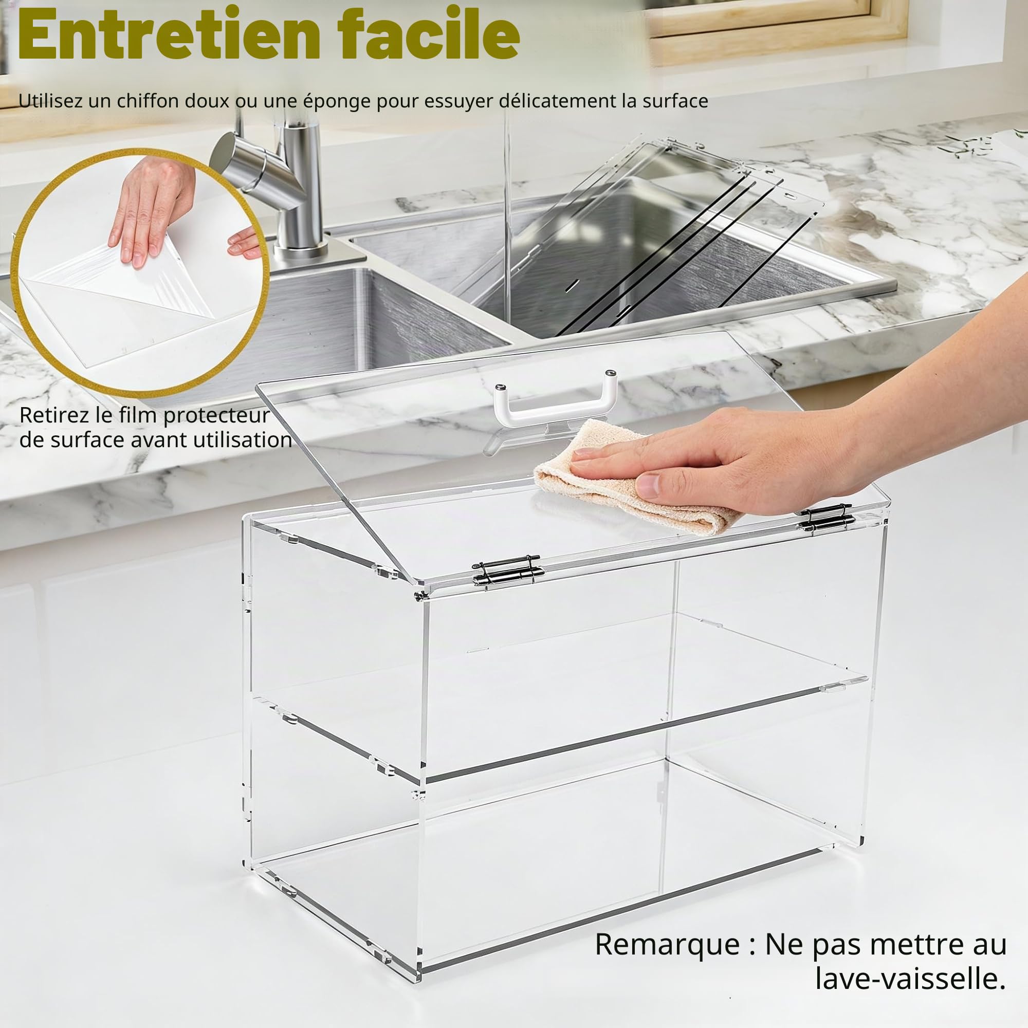 2 niveaux boîtier d'affichage de boulangerie avec porte arrière élévatrice, boîtier d'affichage de pâtisserie pour plan de travail de cuisine, vitrine de présentation alimentaire en acrylique
