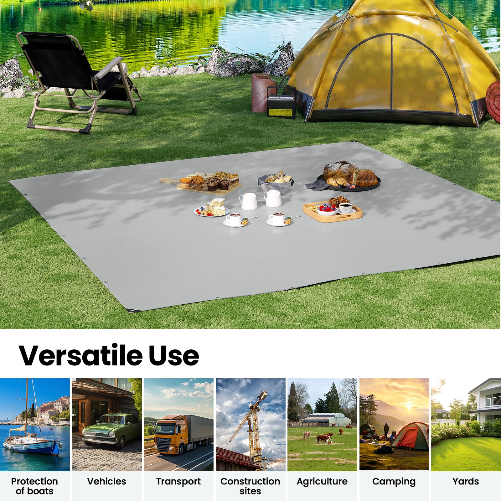 WOLTU Abdeckplane 4x4 m wasserdicht, 280 g/m² PE Schutzplane Gewebeplane mit Ösen, UV stabil reißfest LKW Plane, Mehrzweck Abdeckung für Gartenmöbel Holz Pool Trampolin Auto, Grau-Schwarz