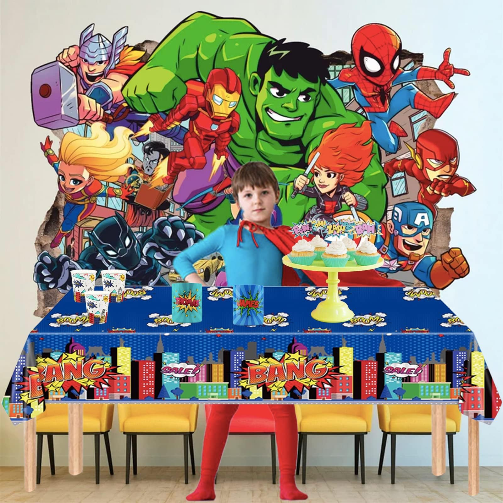 POPOYU Tovaglia blu eroe per feste, tovaglia per feste in città per ragazzi, 130 x 220 cm, in plastica, per feste di compleanno per bambini