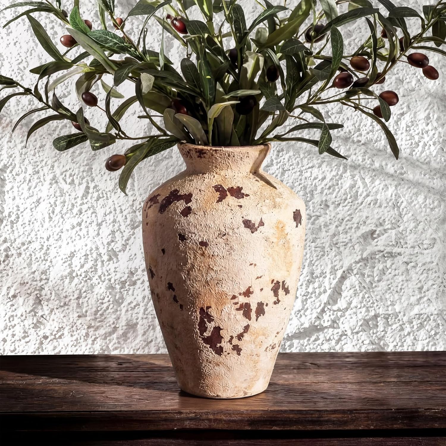 Rustic Ceramic Vase Terracotta Farmhouse Vase for Flowers Stone Vases 9.5 Inch Retro Country Table Centerpieces Vintage Home Decor for Living Room Shelf Entryway Kitchen Wedding Party Decor