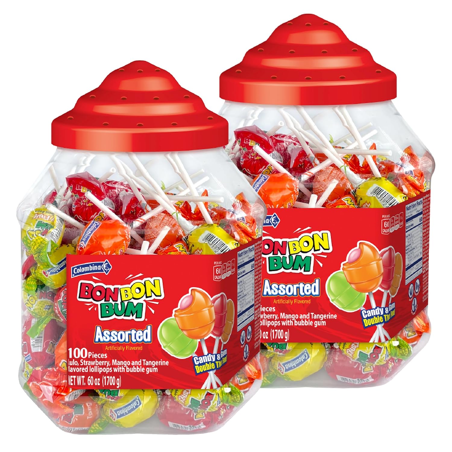 Colombina Bon Bon Bum Lollipops w/Bubble Gum Center Assorted Jar - Lollipops Individually Wrapped of 4 Different Flavors: Lulo Fruit, Strawberry, Mango, and Tangerine - 60 oz bag (100 count)