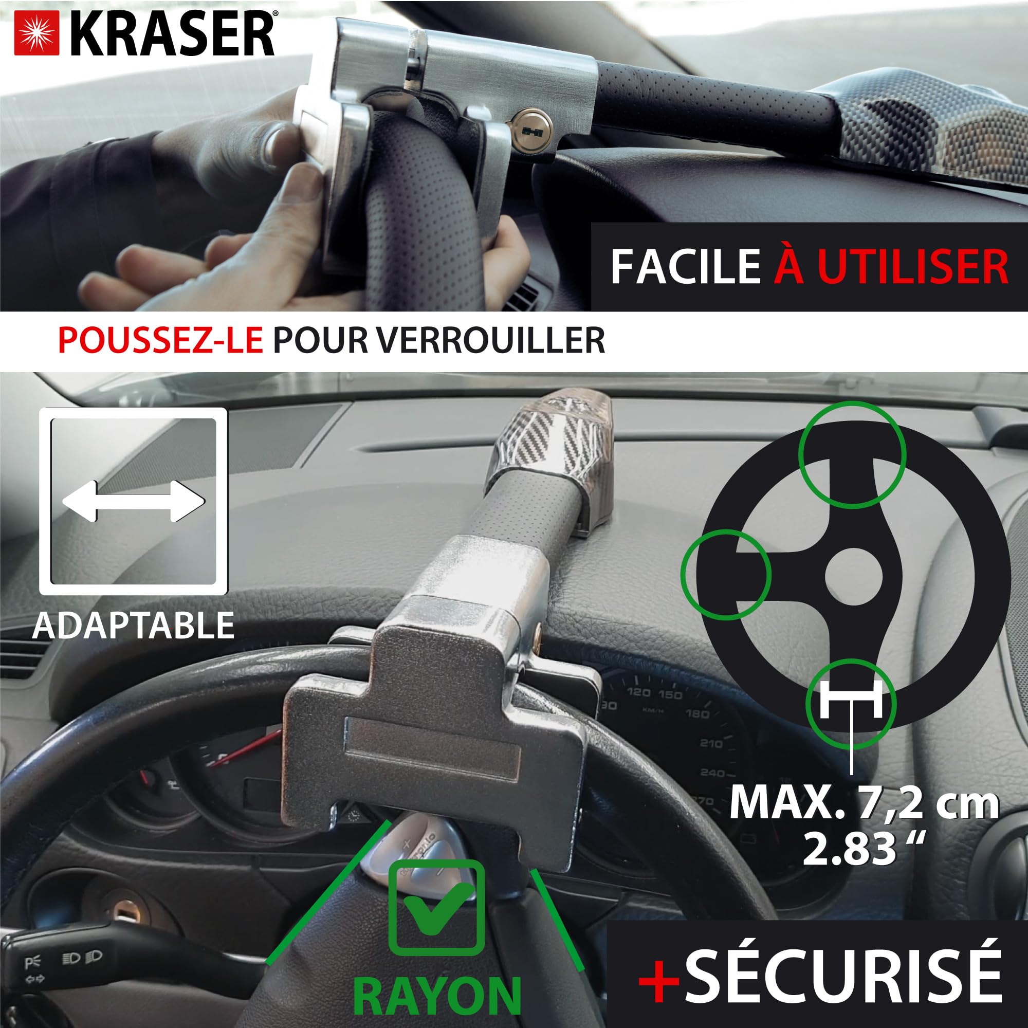 KRASER KR830 Antivol Voiture Avec Alarme 120dB, Canne Antivol Voiture Haute Sécurité, Robust Bloque Volant sur Rayon Plus Dissuasif, Facile à Utiliser, Bloc Barre Anti Vol Universel Auto Camping-Car