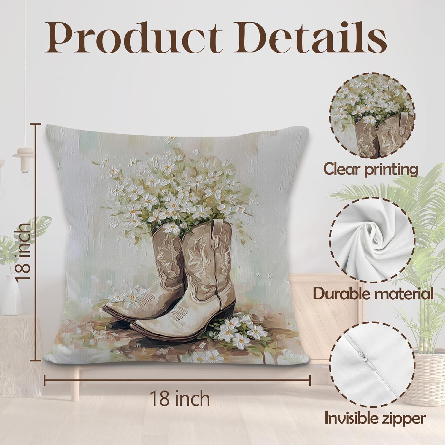 Vintage Western Cowgirl Throw Pillow Covers, Cowgirl Room Decor, Neutral Rustic Western Boots Decorative Pillowcases Cushion Cases for Home Bedroom Living Room Decor, 18x18 Pillow Covers - Image 7