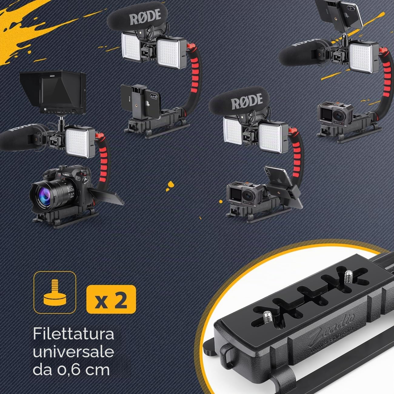 Zeadio Stabilizzatore video portatile per videocamera d’azione con supporto video per smartphone per tutte le videocamere d’azione, videocamere e smartphone
