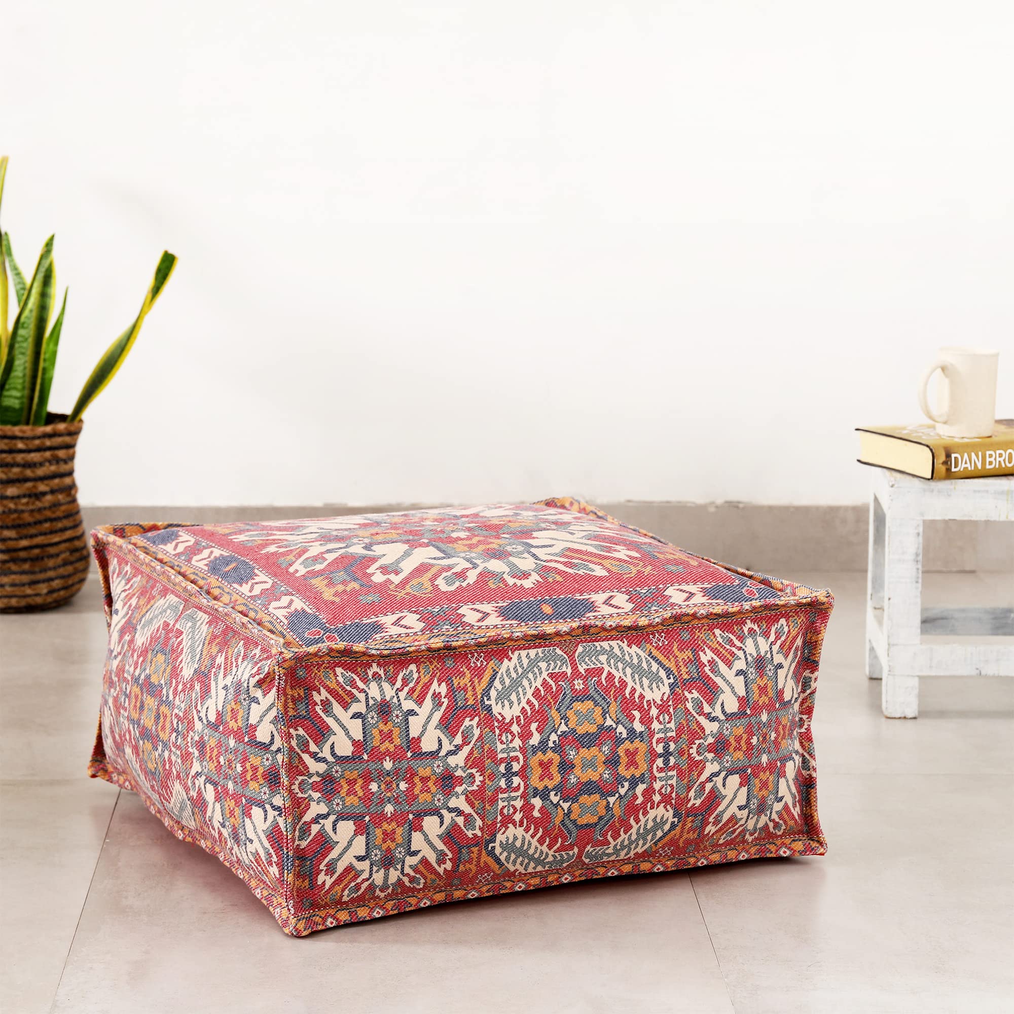 Ravaiyaa - Attitude is everything Cotton Pouf Digital Printed Ottoman Square Pouf Floor Pillow for Living Room Home Decor 22" Inch (Without Filling, Maroon Geometric)-image-27
