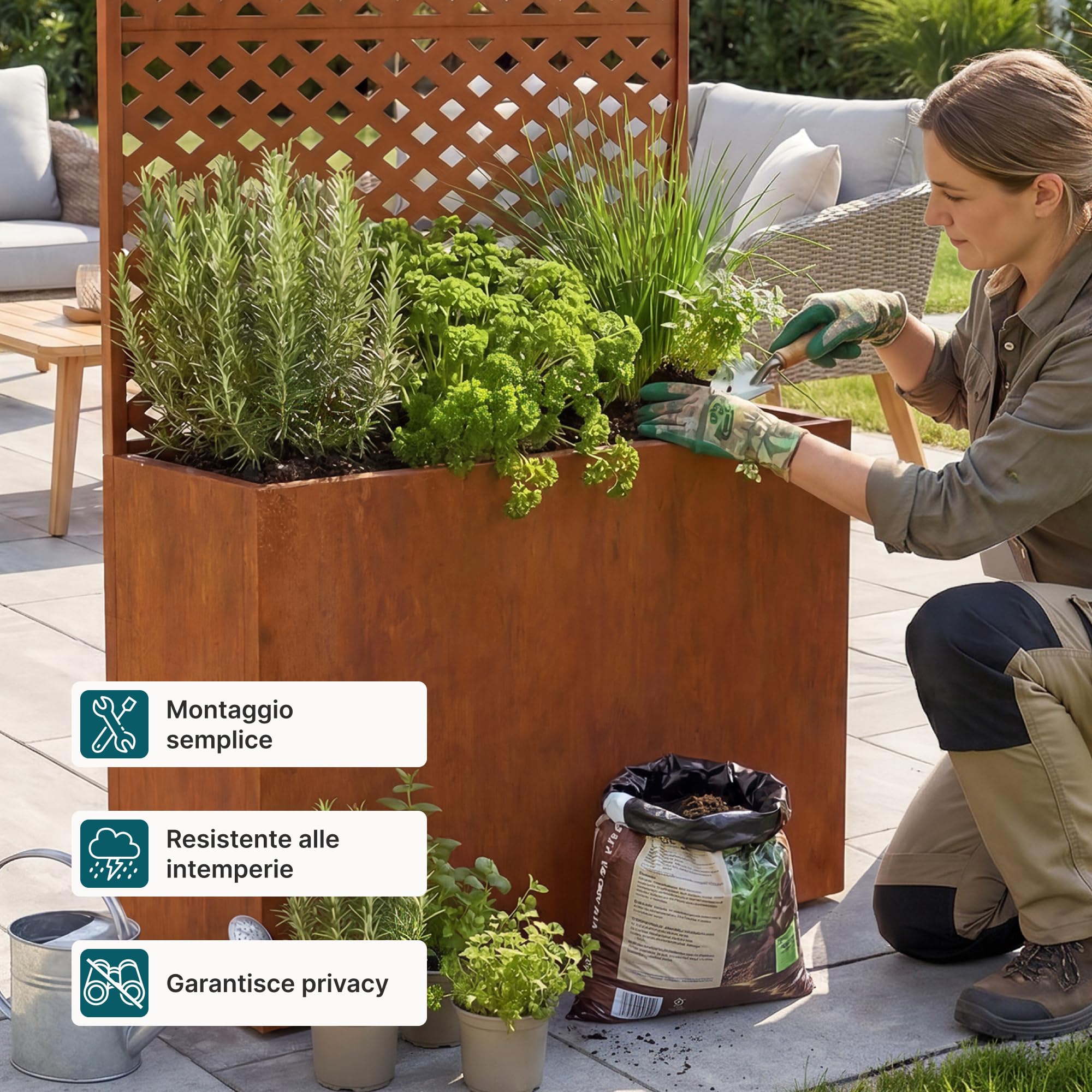 casa.pro Fioriera Alta con Spalliera Separé 146x83x31 cm Marrone Ossidato | Acciaio Corten Pannello Divisore Privacy Portapiante Rettangolare Grigliato Frangivista Giardino Terrazza Interno Esterno