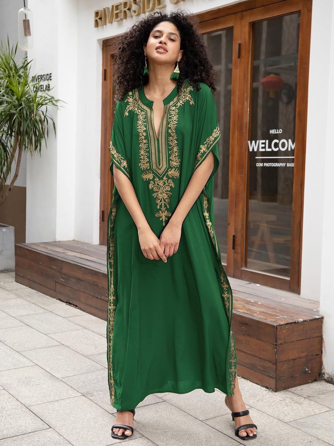 Women Embroidery Golden V Neck Arabic Dubai Kaftan Casual Beach Wear Cover Up Side Split Long Dress Blackish Green - Image 2