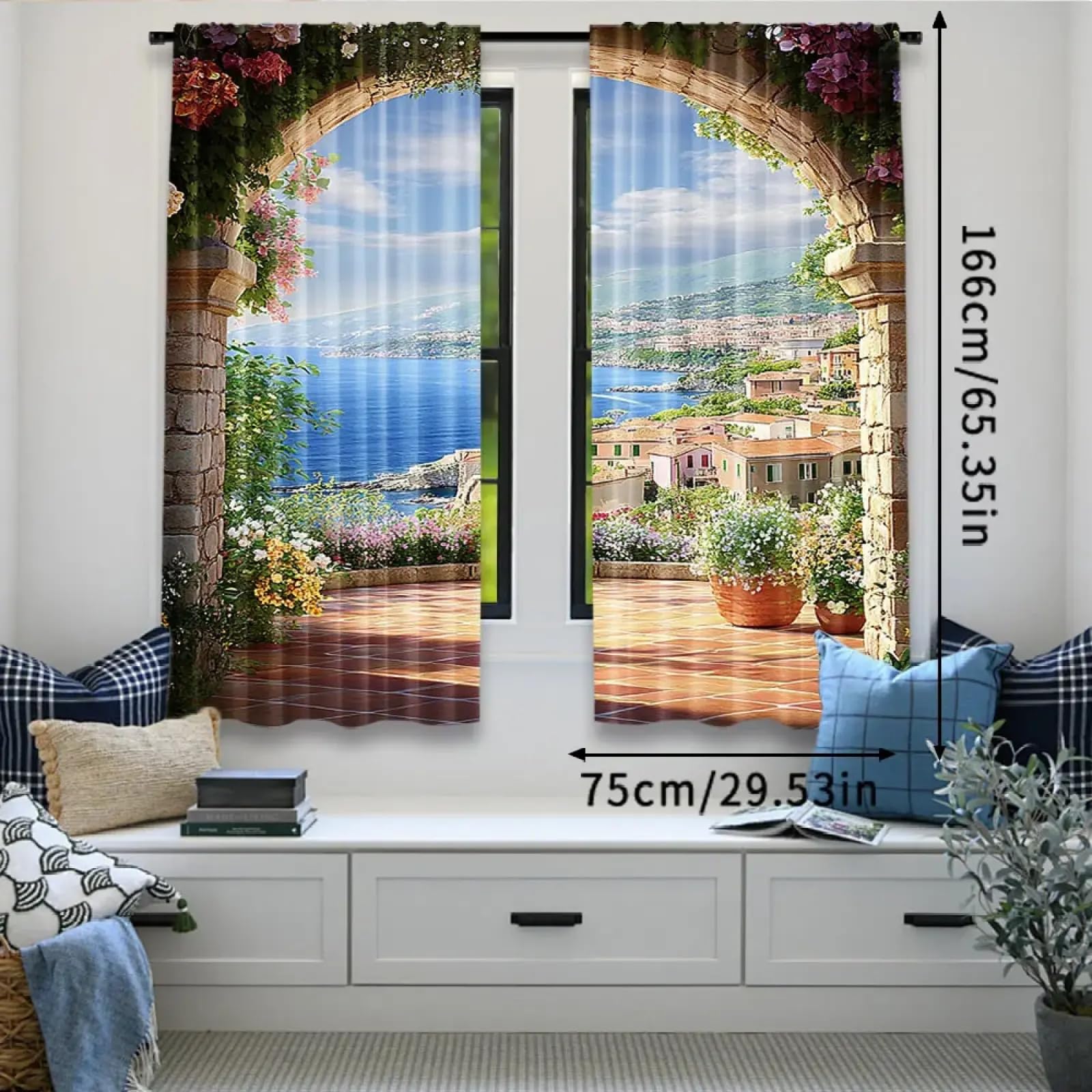 2 Stücke Mediterraner Garten Terrasse Verdunkelungsvorhang Romantisches Bogentor Mit Grünen Blättern Rebe Blühende Blumen Italienische Küste BxH/2x100x170cm ösen gardinen