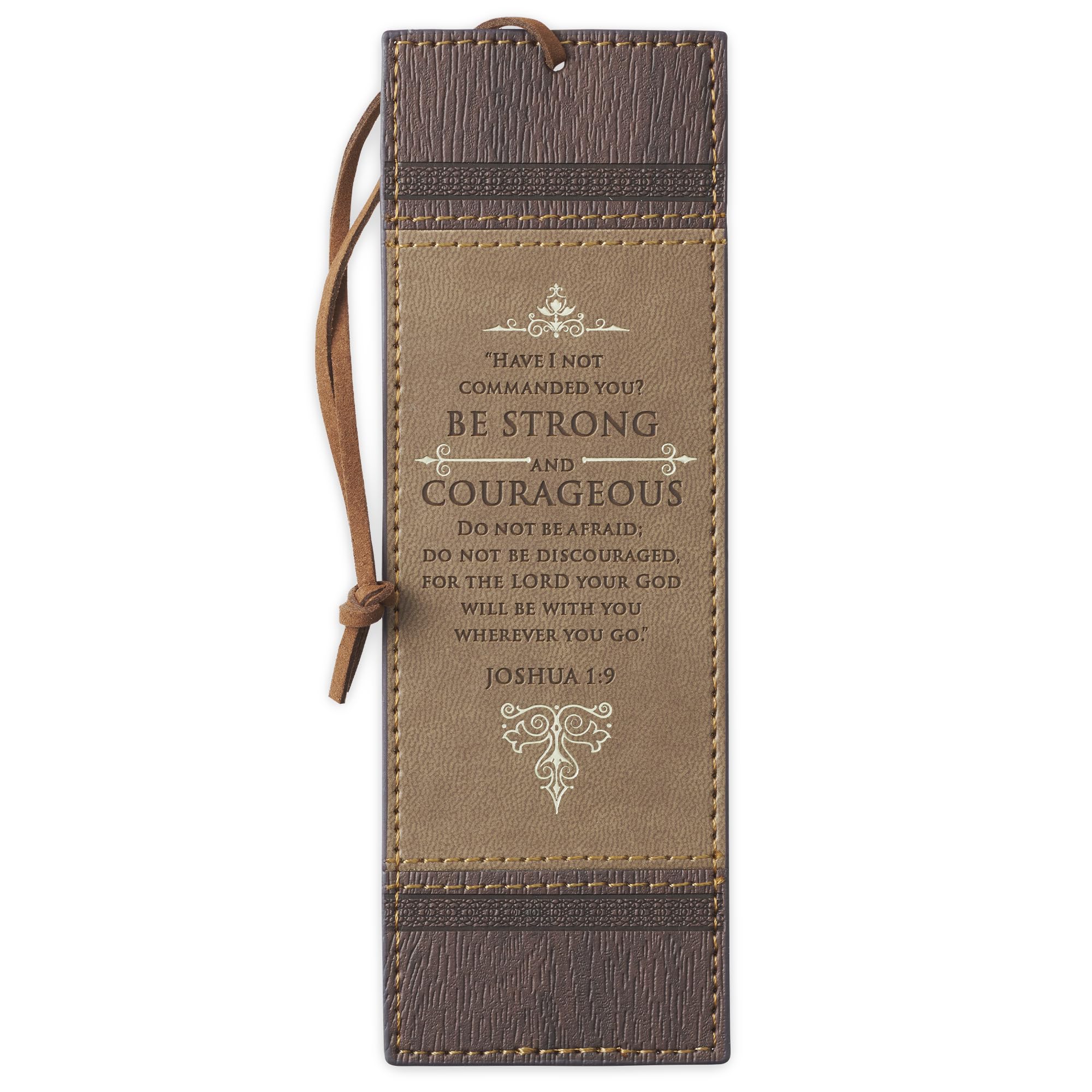 Christian Art Gifts Vegan Faux Leather Scripture Bookmark for Men: Strong and Courageous - Joshua 1:9 Inspirational Bible Verse Heat-Debossed Faith-Based Reading Book Accessory with Cord Tassel, Brown