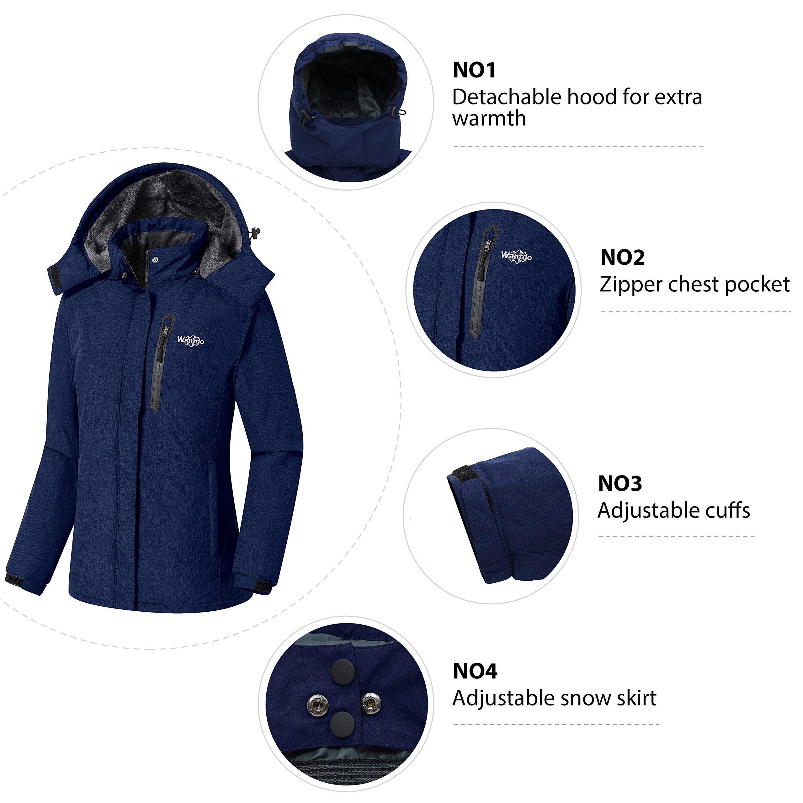 Wantdo Giacca da Neve in Pile Warm Giubbotto da Montagna Caldo Cappotto da Escursionismo Outdoor Parka con Cappuccio Antivento Donna Nero L