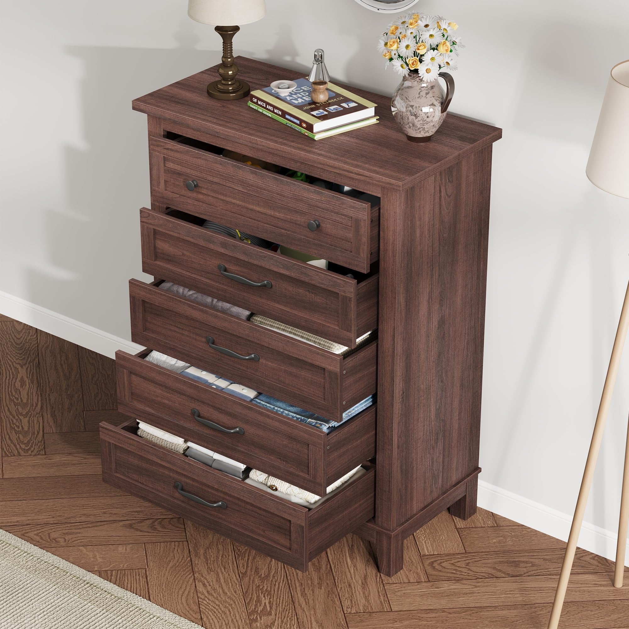 Commode 5 tiroirs Farmhouse Noyer foncé