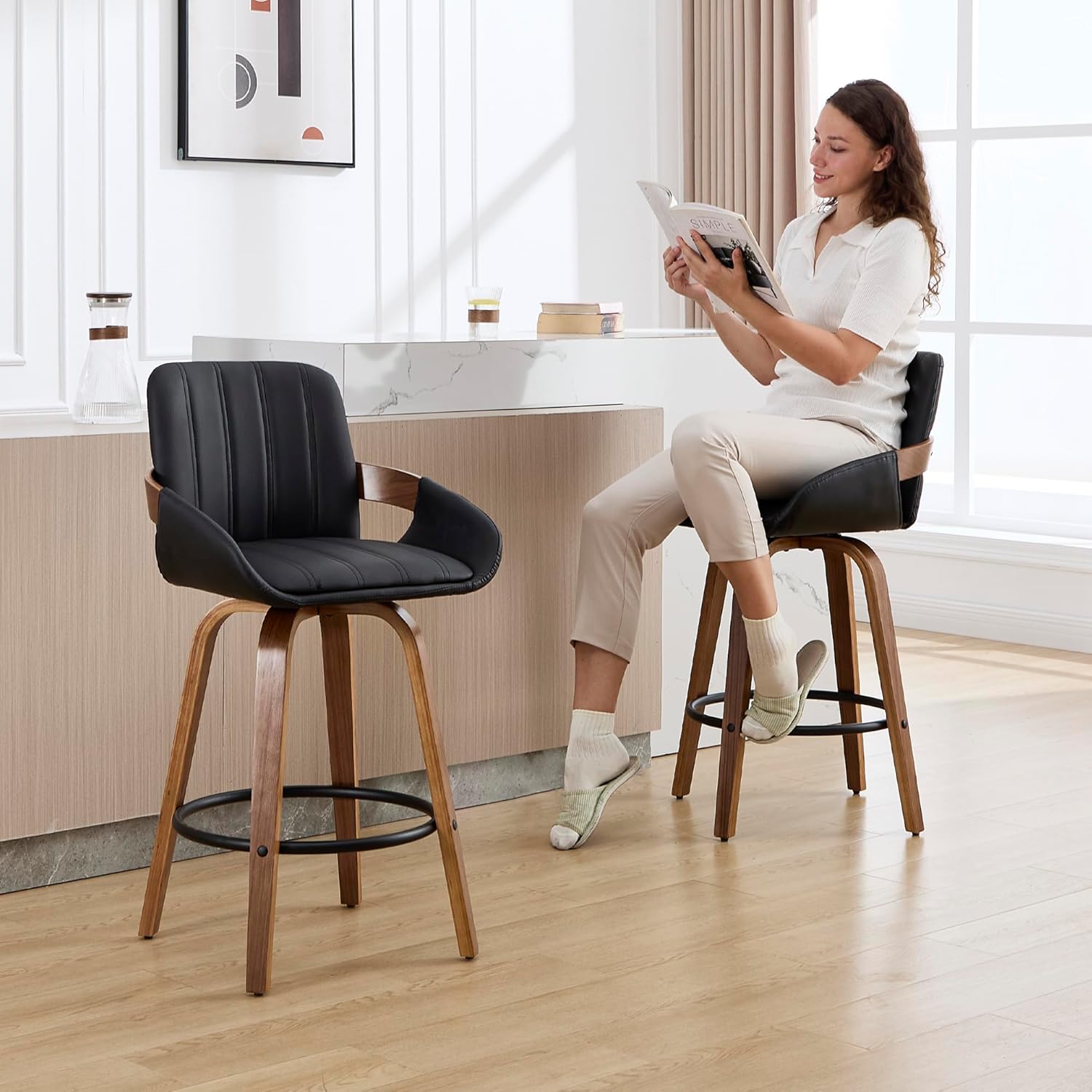 VipDesk Swivel Bar Stools Set of 2, 26" Counter Height Bar Stools with Back and Arms, Faux Leather Modern Upholstered Bar Chairs with Walnut Frame for Kitchen Island Bar - Black
