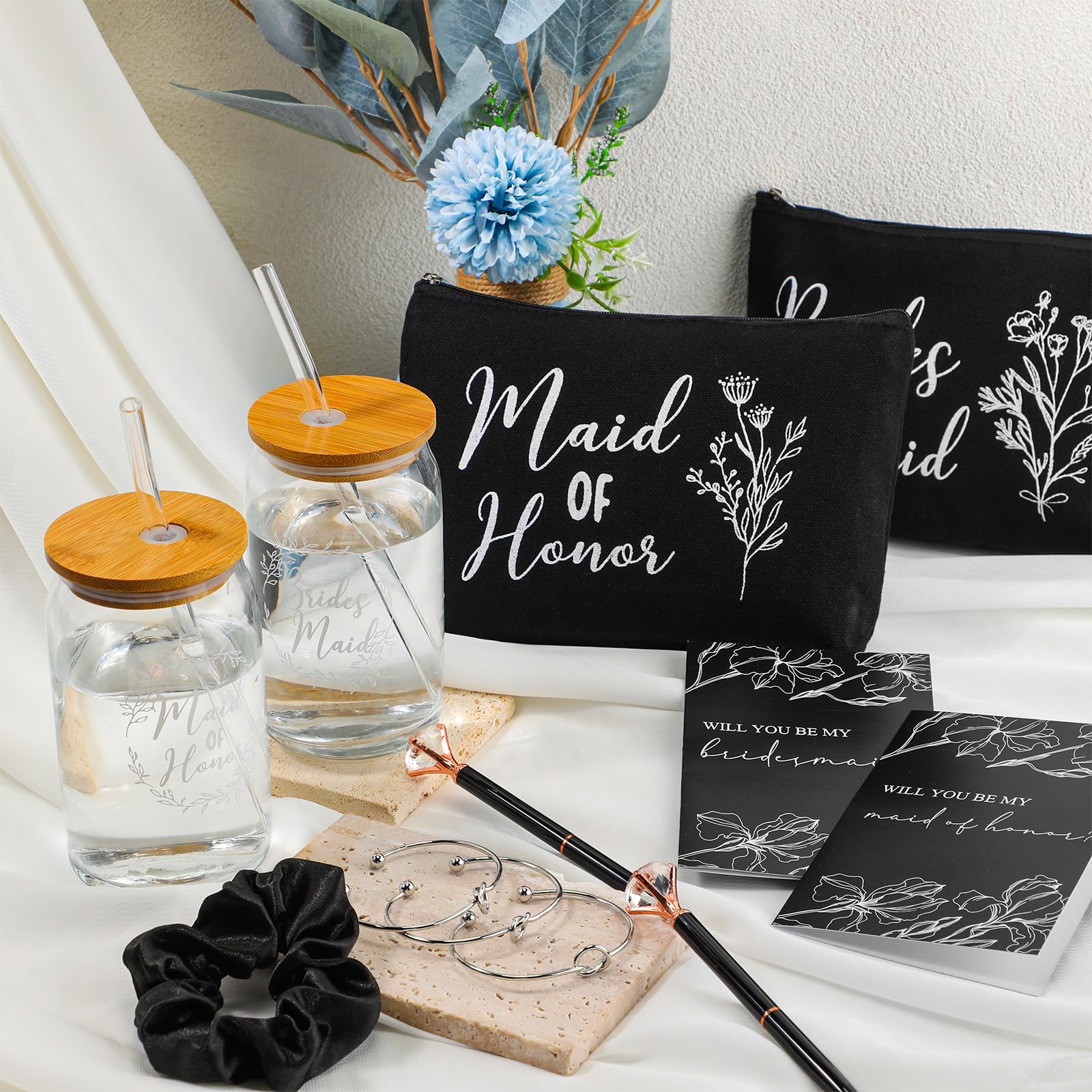 Irenare 36 Pcs Bridesmaid Proposal Gifts Bridal Shower Gifts 16 oz Glass Cup Cosmetic Makeup Bags Invited Cards Scrunchies Hair Knotted Bracelets Diamond Pens Favors for Wedding (Black)