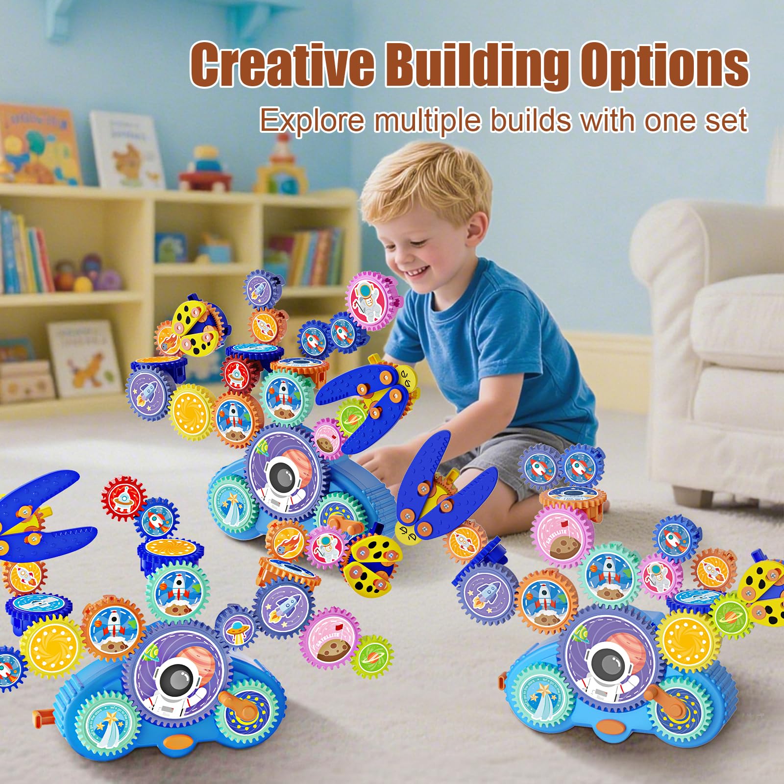 Fivoro STEM Gears Toys for Kids Ages 3+, Creative Learning Building Blocks, 18Pcs Educational Construction Toy Set, Electric & Manual Dual Mode, Versatile Gear Playset Gift for Boys & Girls