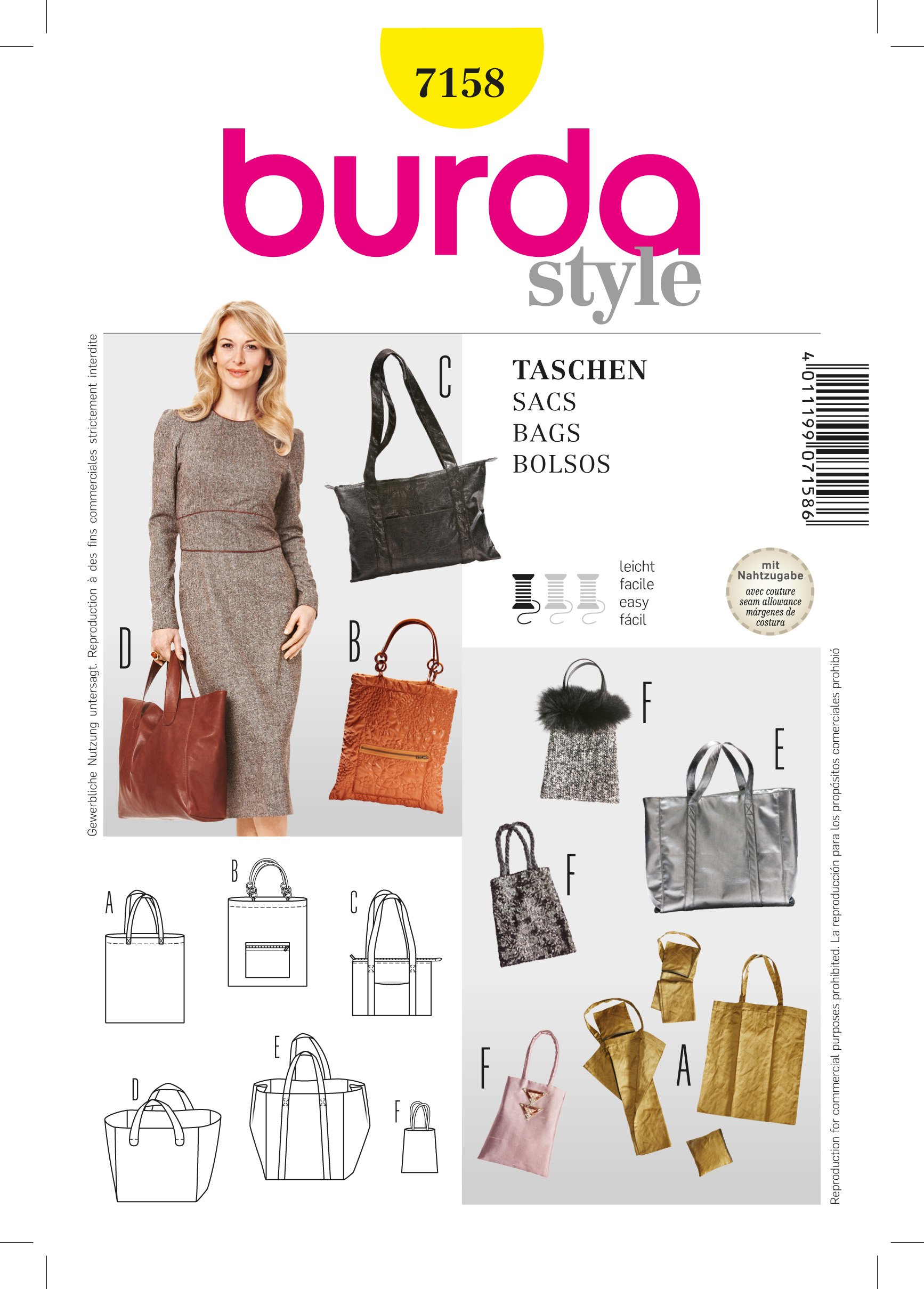 Burda B7158 Patron de Couture Sacs 19 x 13 cm