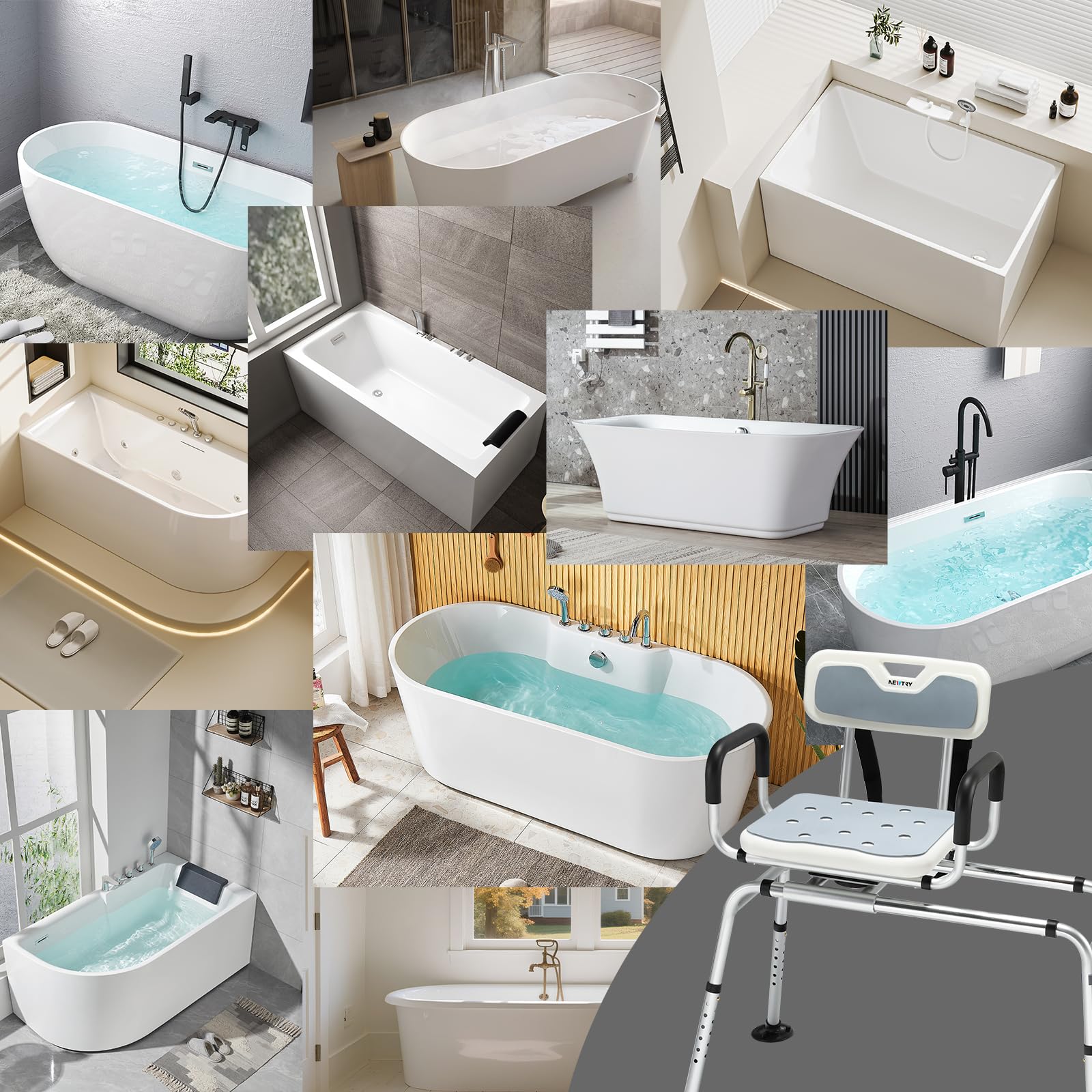 NEWTRY Sedia per doccia, Panca di trasferimento per vasca da bagno scorrevole,sgabello bagno girevole a 360°con regolazione dell'altezza a 12 livell per Anziani Disabili