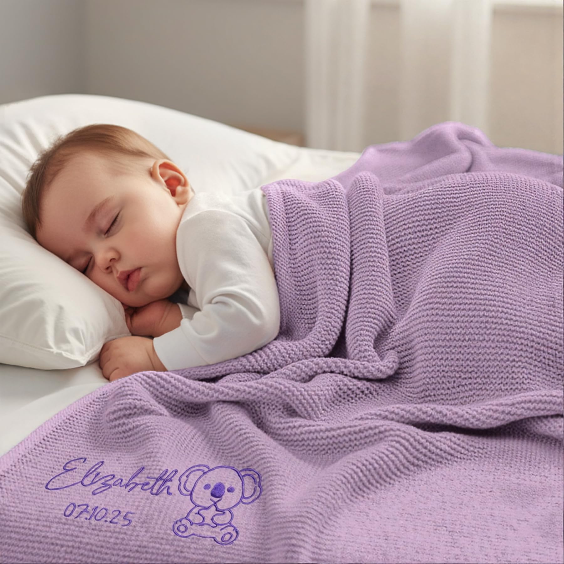 Stepdiy Custom Knit Blanket with Name for Baby Girls, Personalised Embroidered Blanket for Newborn, 80x100cm Customised Blanket for Baby Shower Baby's First (Light Purple)