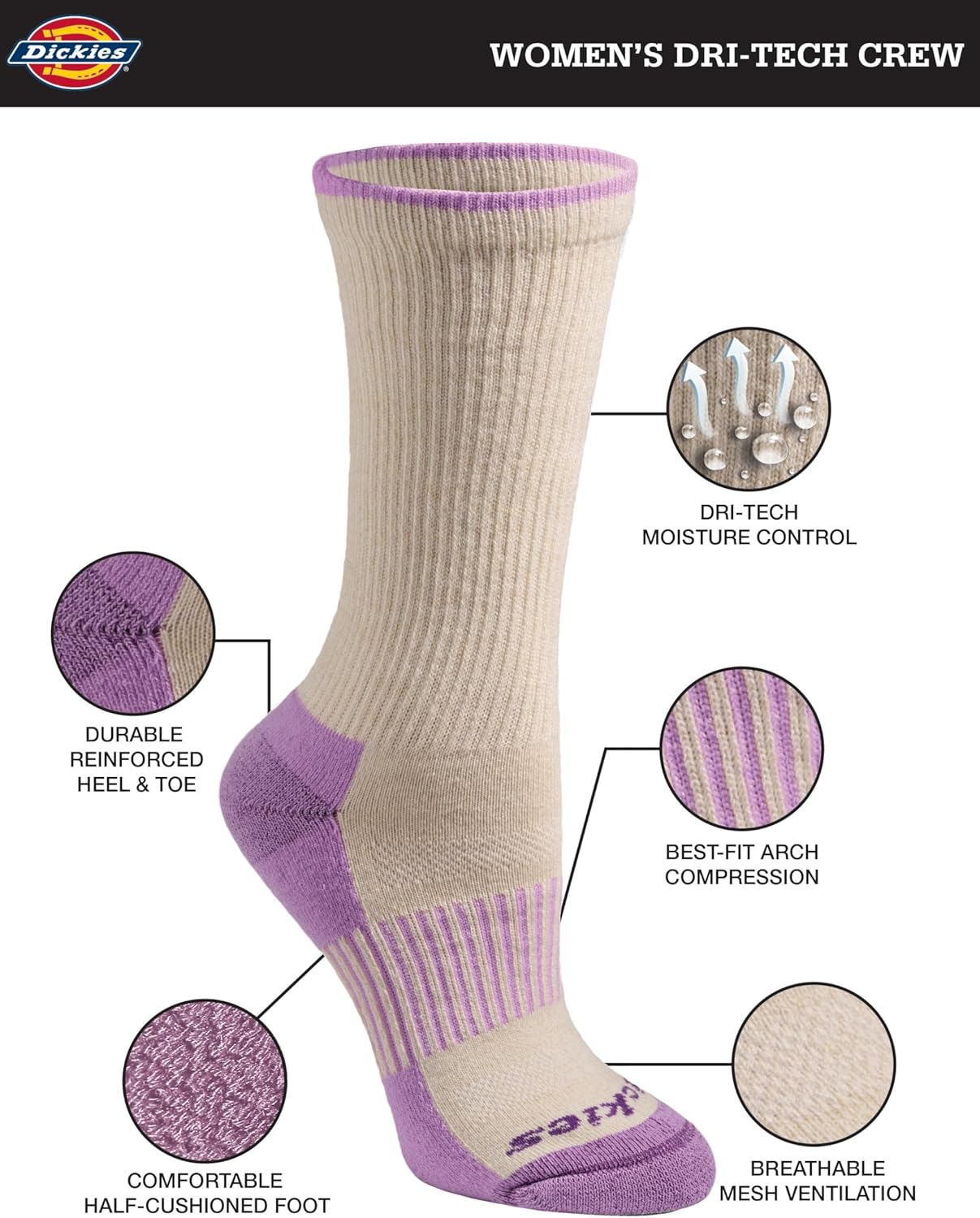 Dickies Women's Dri-Tech Essential Moisture Control Crew Socks, Available in S-XL (6, 12 Pairs) - Image 3