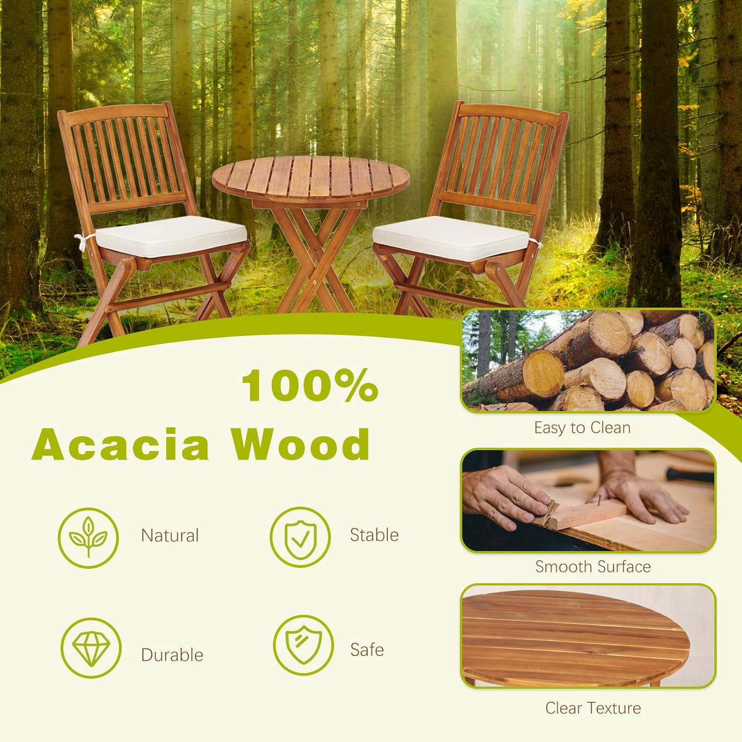 S AFSTAR 3 Pieces Patio Bistro Set, Acacia Wood Bistro Set Folding Chair with Round Coffee Table & Padded Cushion, Outdoor Bistro Table and Chair Set of 2 for Patio, Balcony, Poolside & Porch (Beige)